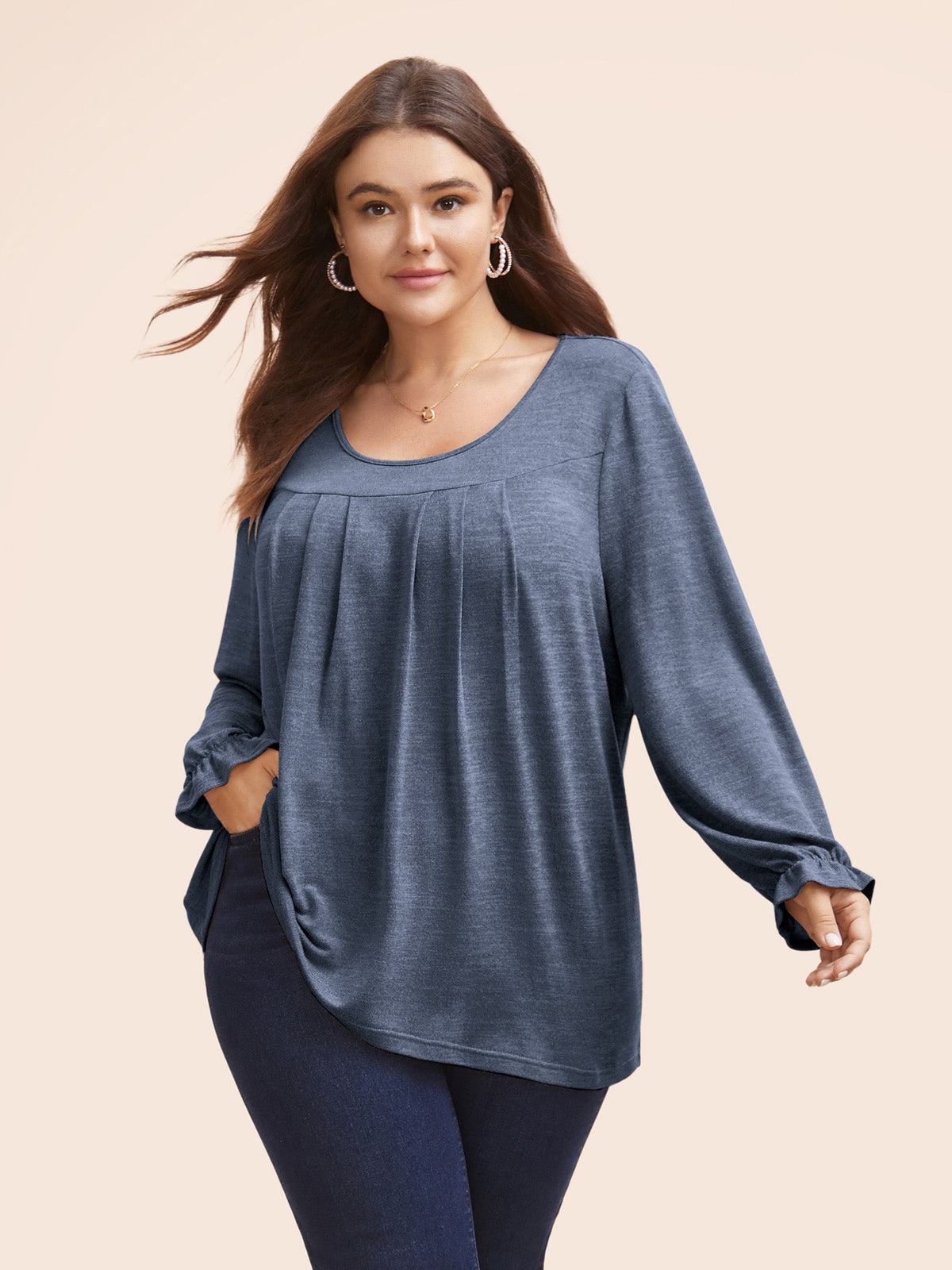 Round Neck Heather Pleated T-shirt