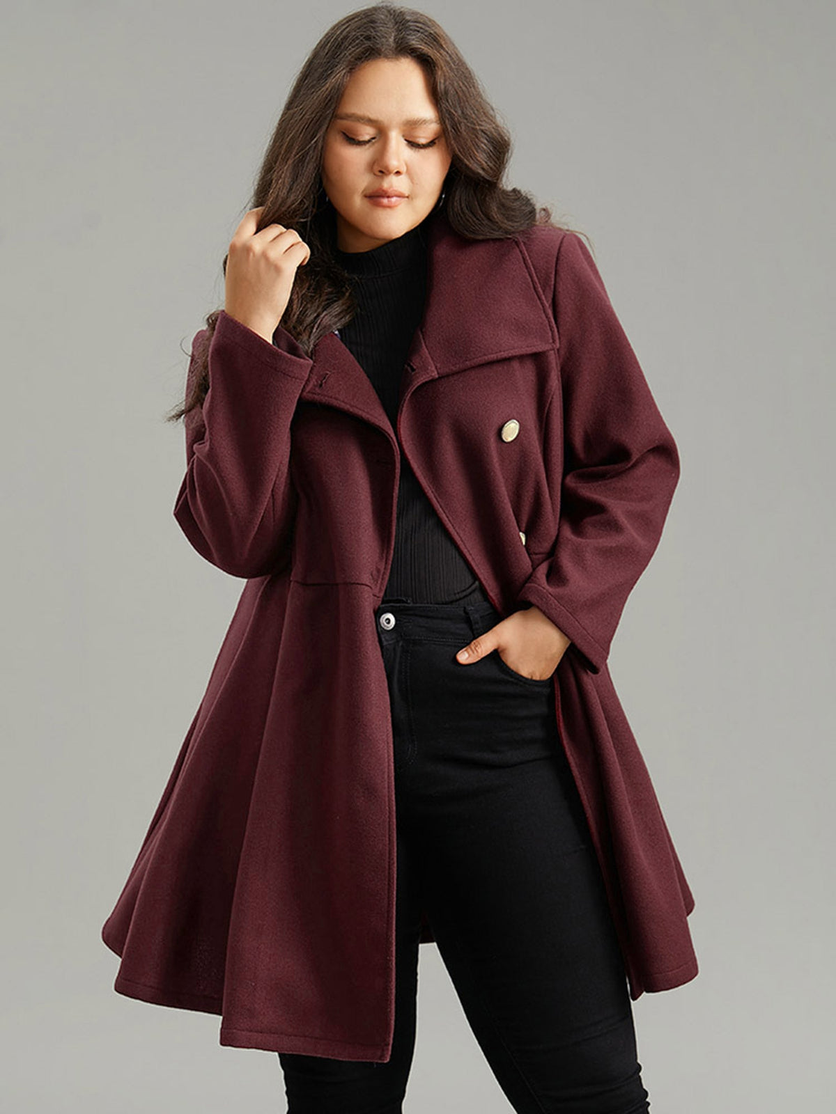 Plain Button Up Pocket Asymmetrical Lapel Collar Coat