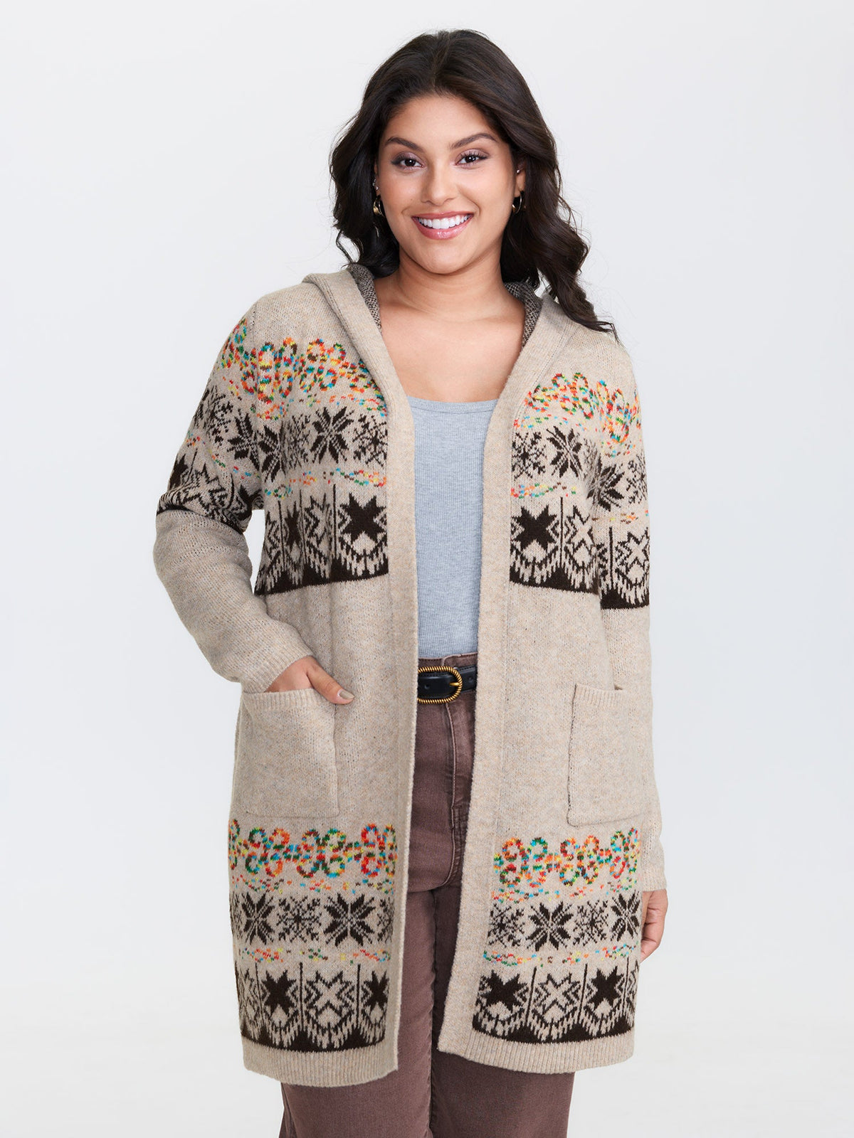 Boho Print Jacquard Hooded Knit Cardigan