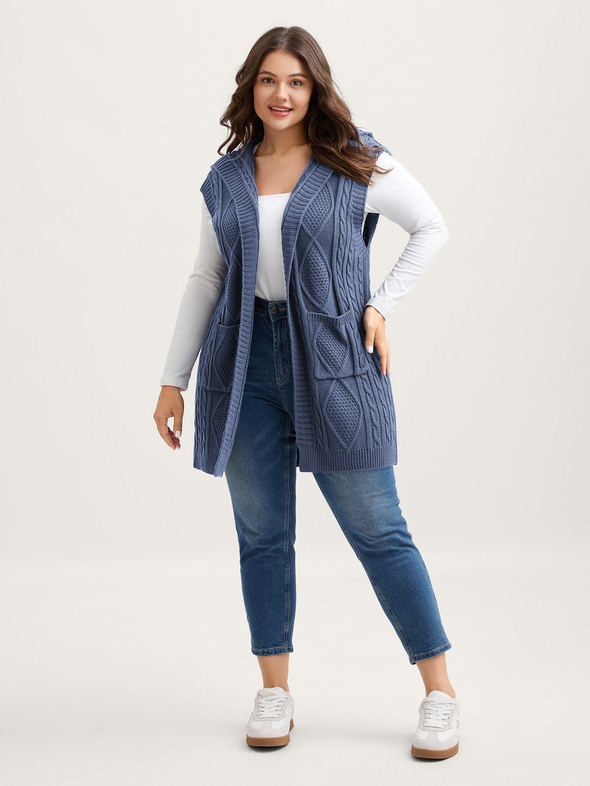 Hooded Sleeveless Cable Knit Cardigan