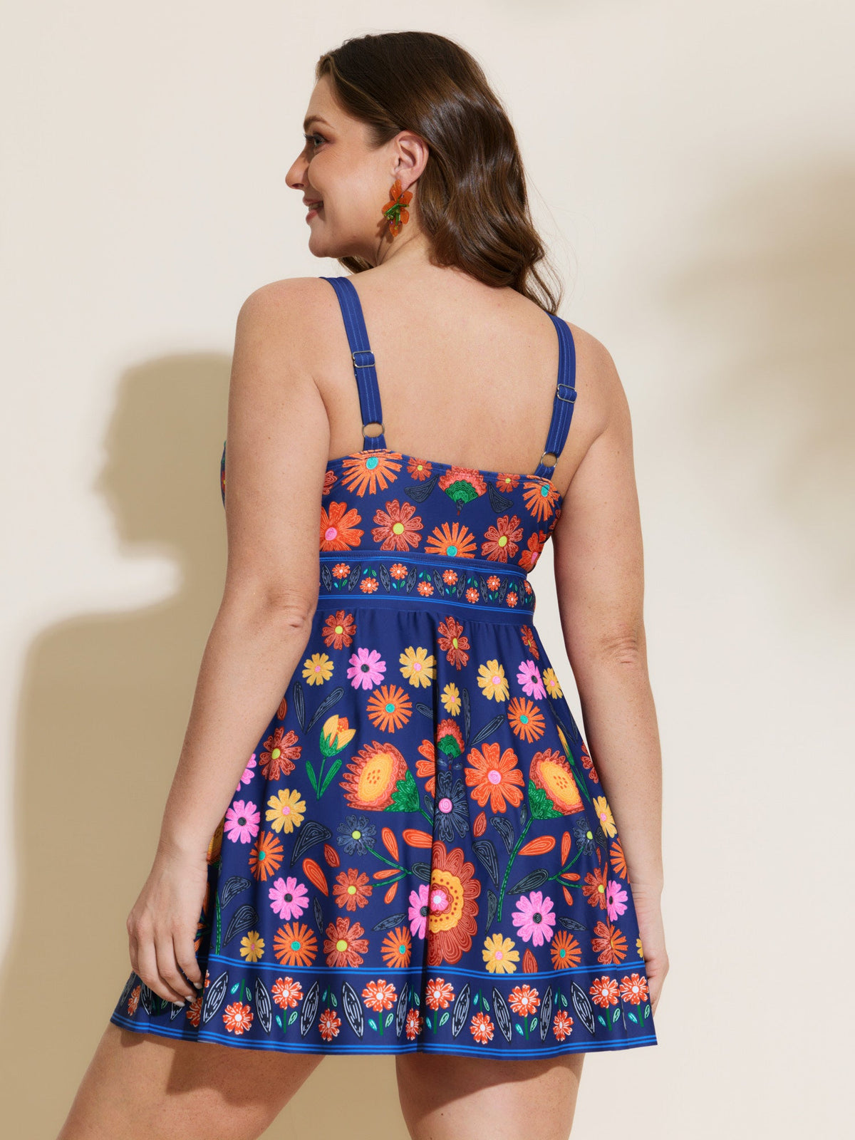 Floral Surplice Neckline Pockets Swim Dress