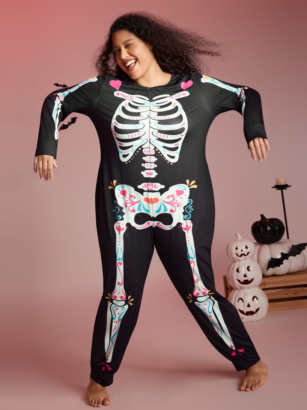 Skeletal Rib Print Hidden Zipper Lounge Jumpsuit