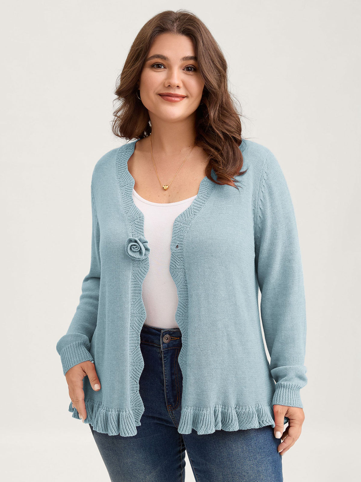 Supersoft Textured Floral Button Ruffled Hem Knit Cardigan