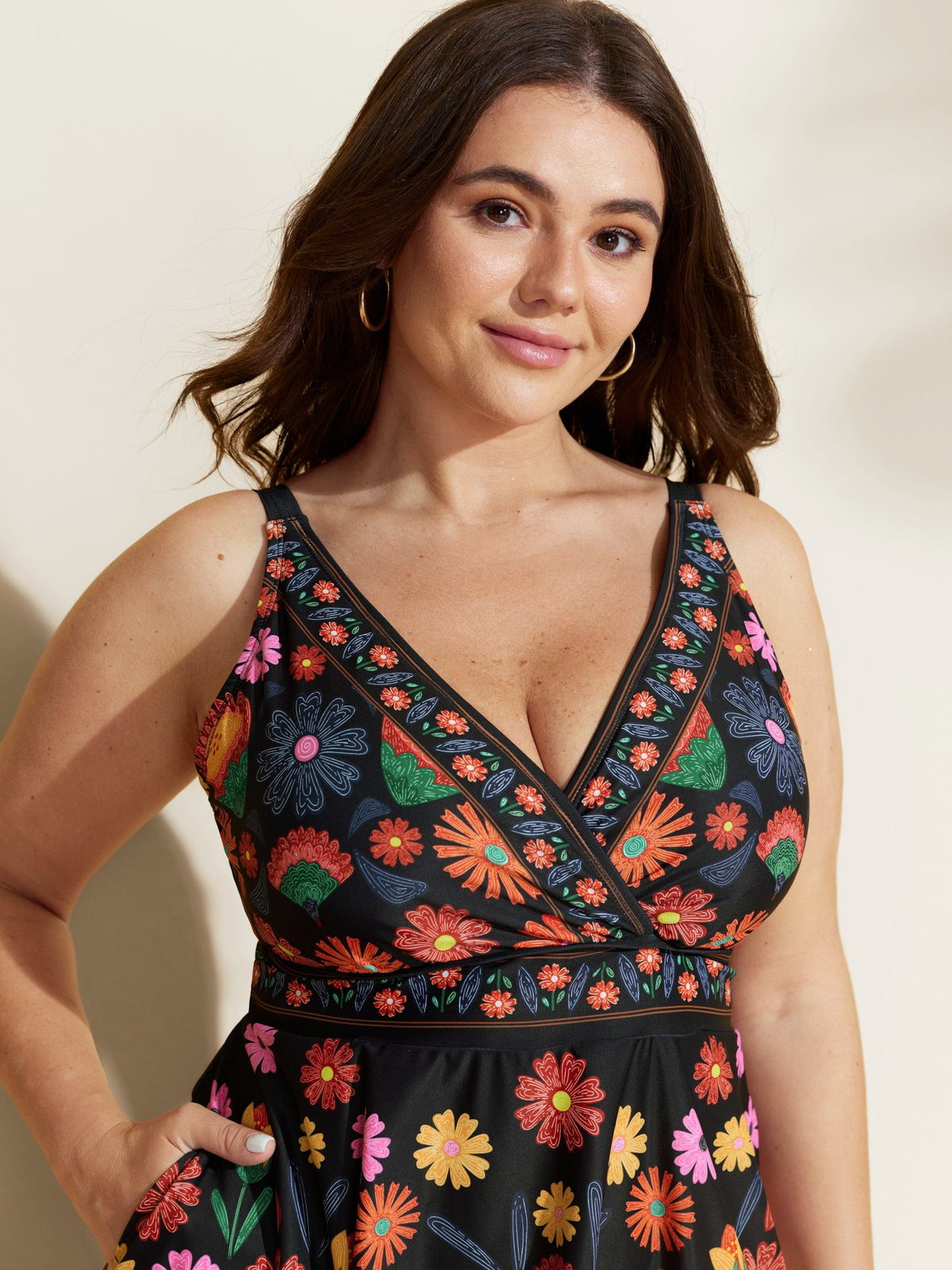 Floral Surplice Neckline Pockets Swim Dress