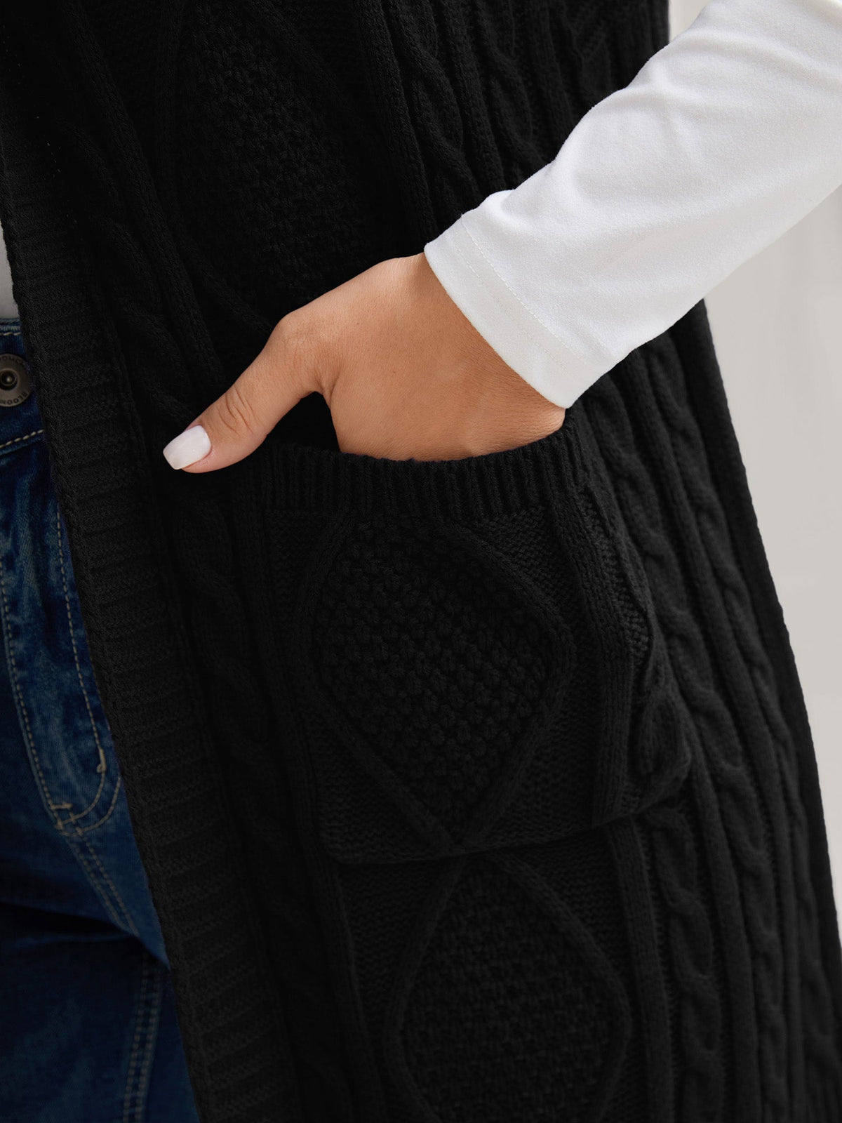 Hooded Sleeveless Cable Knit Cardigan