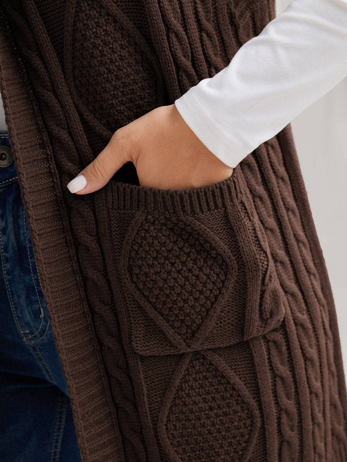 Hooded Sleeveless Cable Knit Cardigan