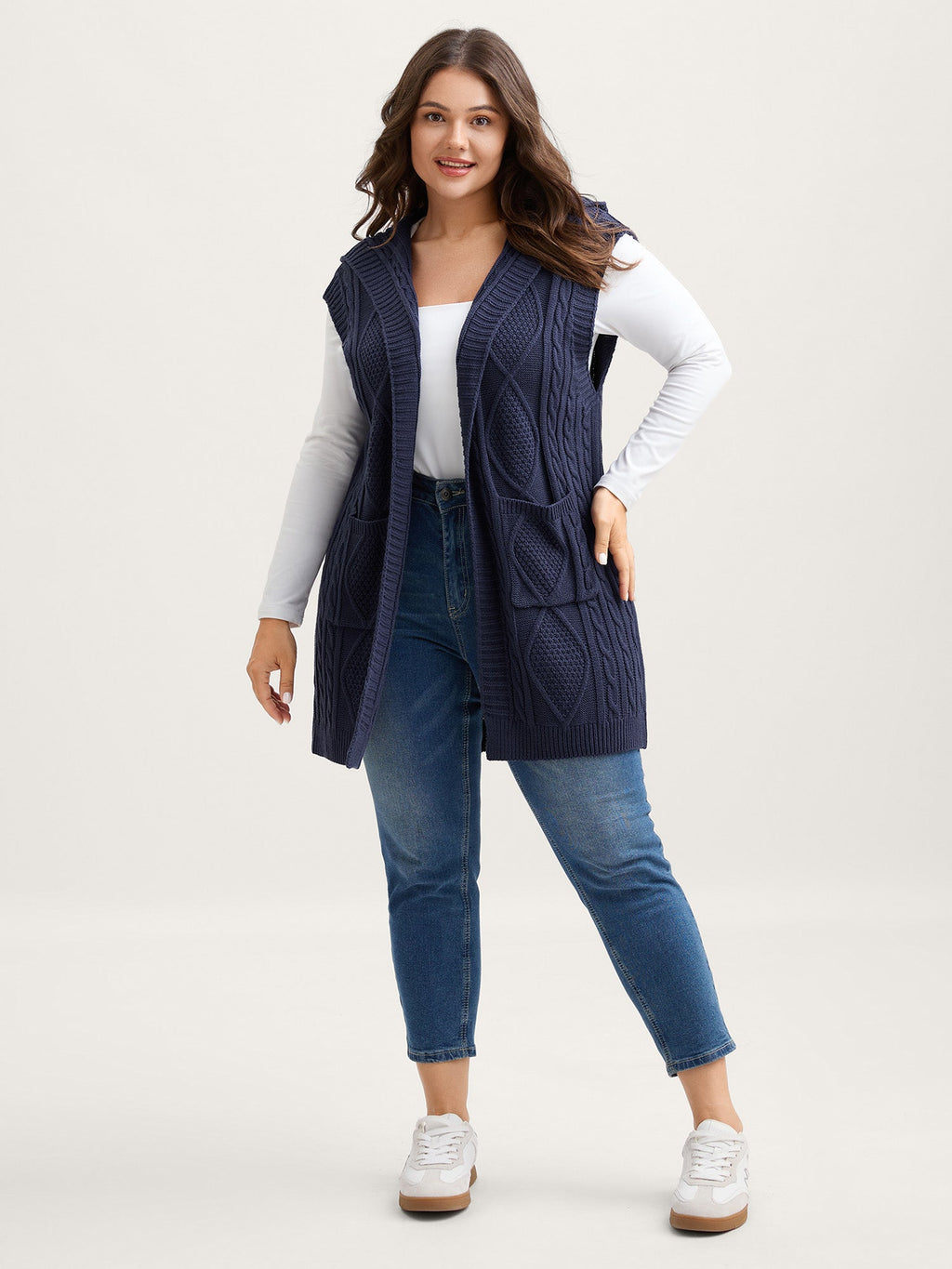 Hooded Sleeveless Cable Knit Cardigan
