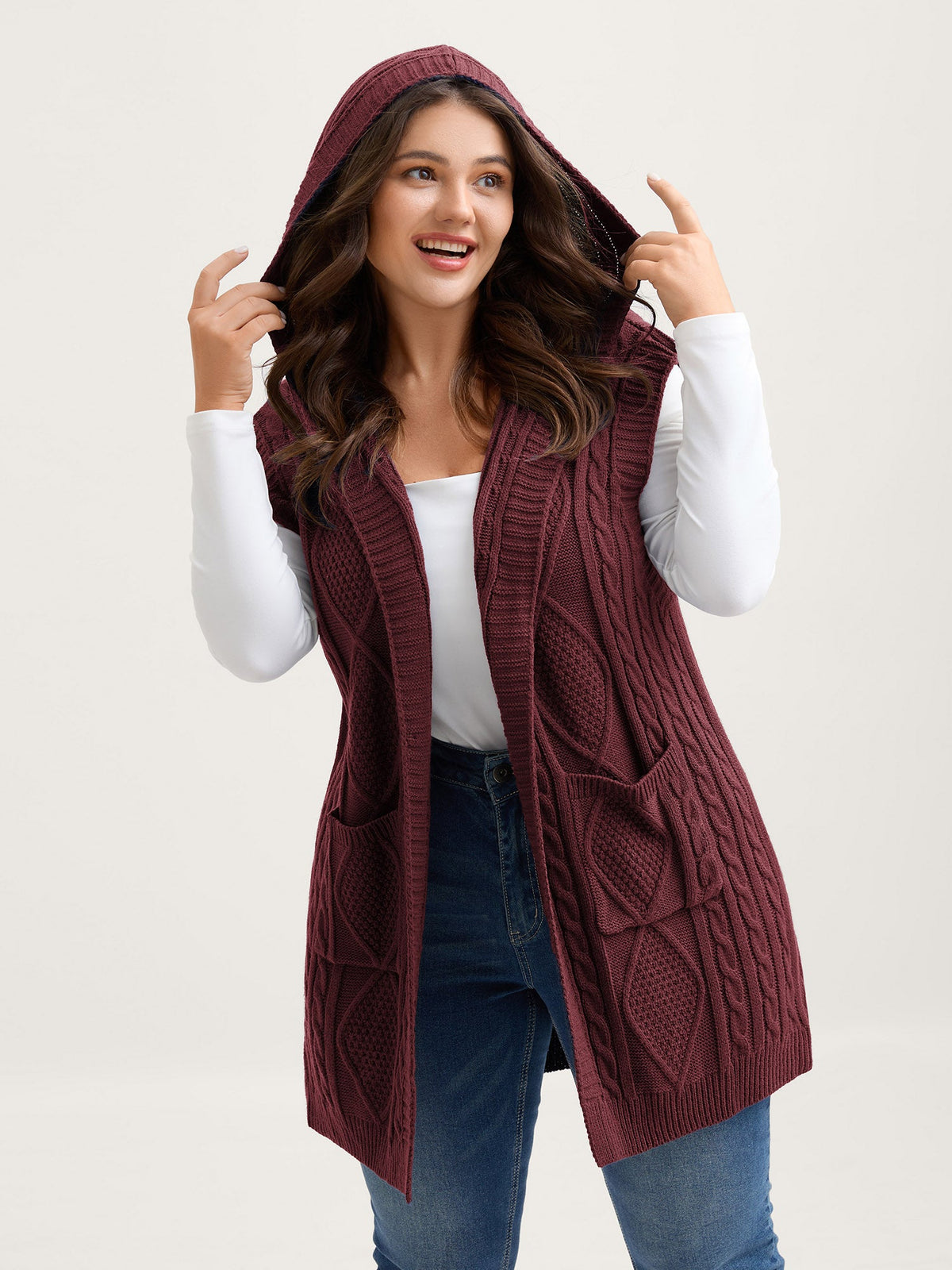 Hooded Sleeveless Cable Knit Cardigan