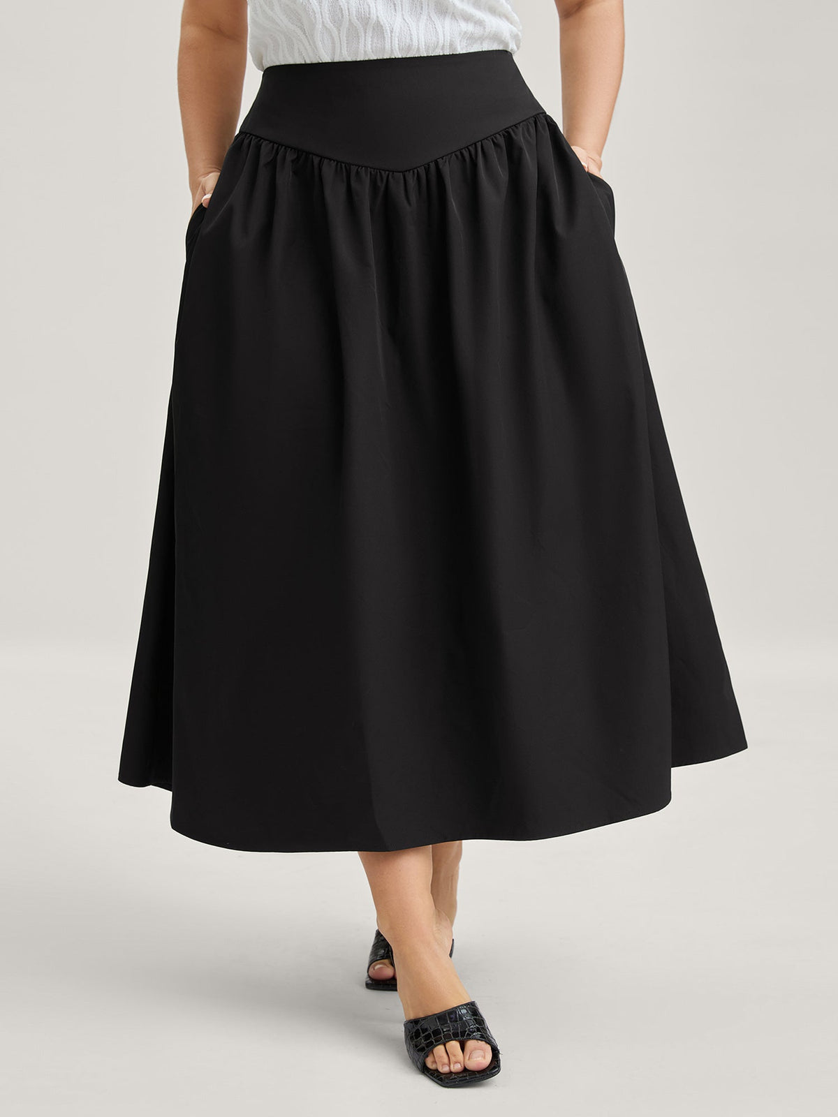 Wide Cinched-Waist Solid Midi Skirt