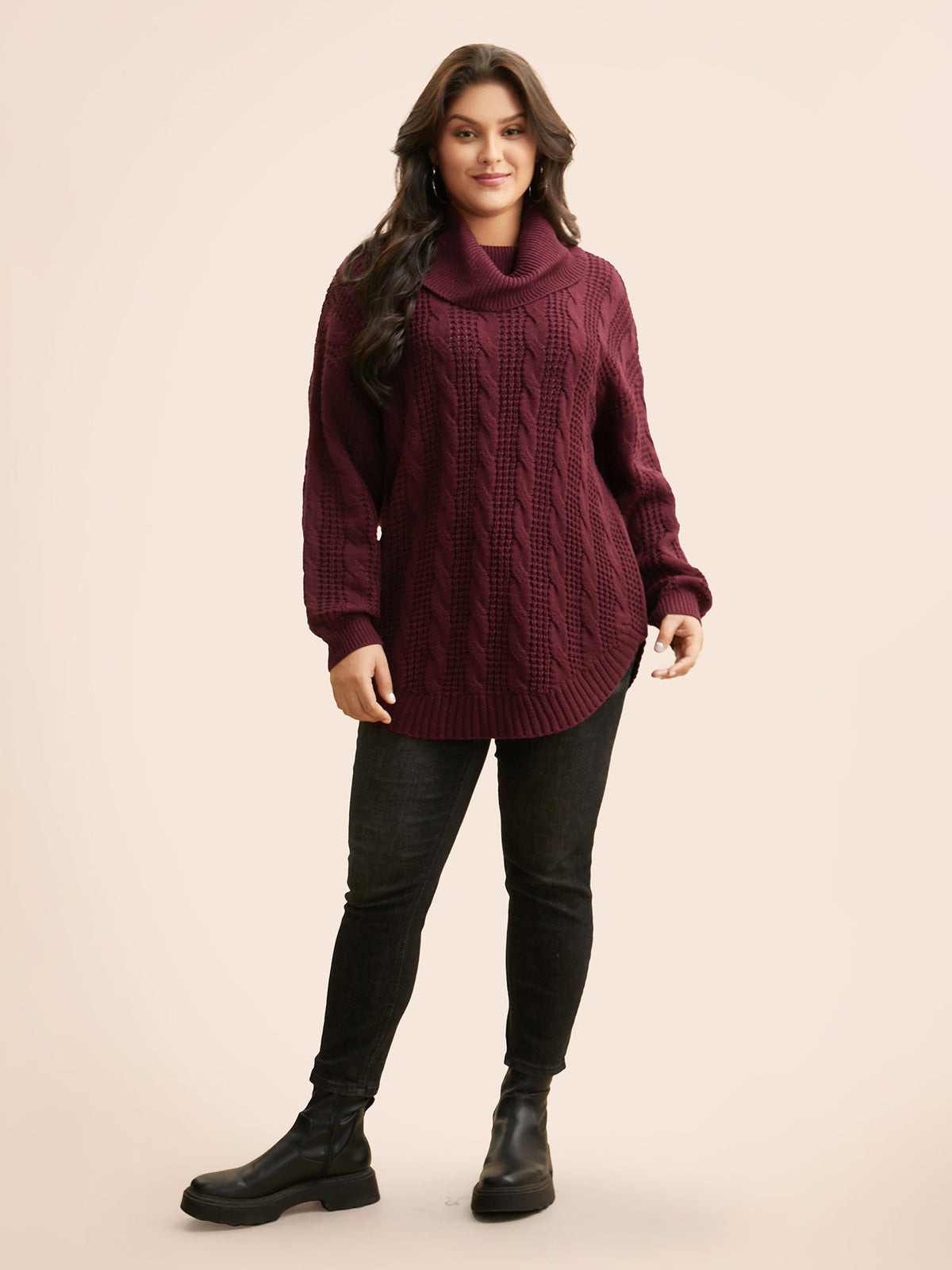 Turtleneck Cable Knit Curved Hem Pullover