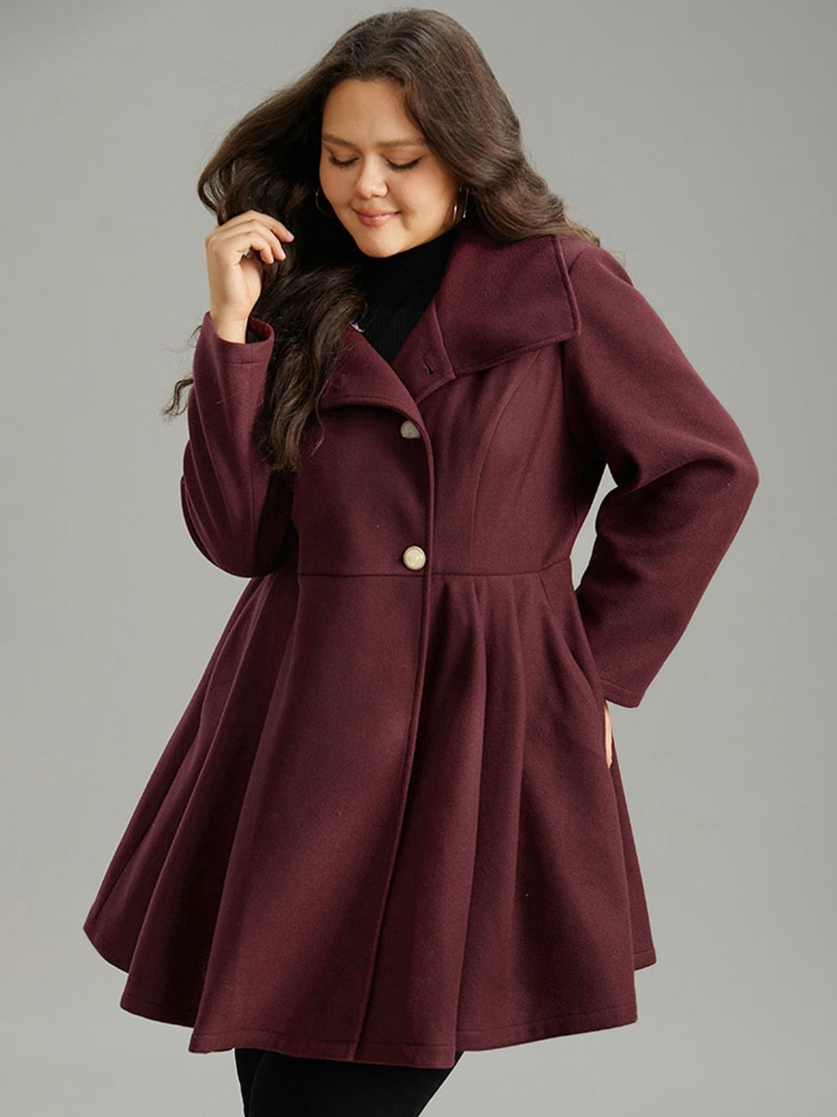 Plain Button Up Pocket Asymmetrical Lapel Collar Coat