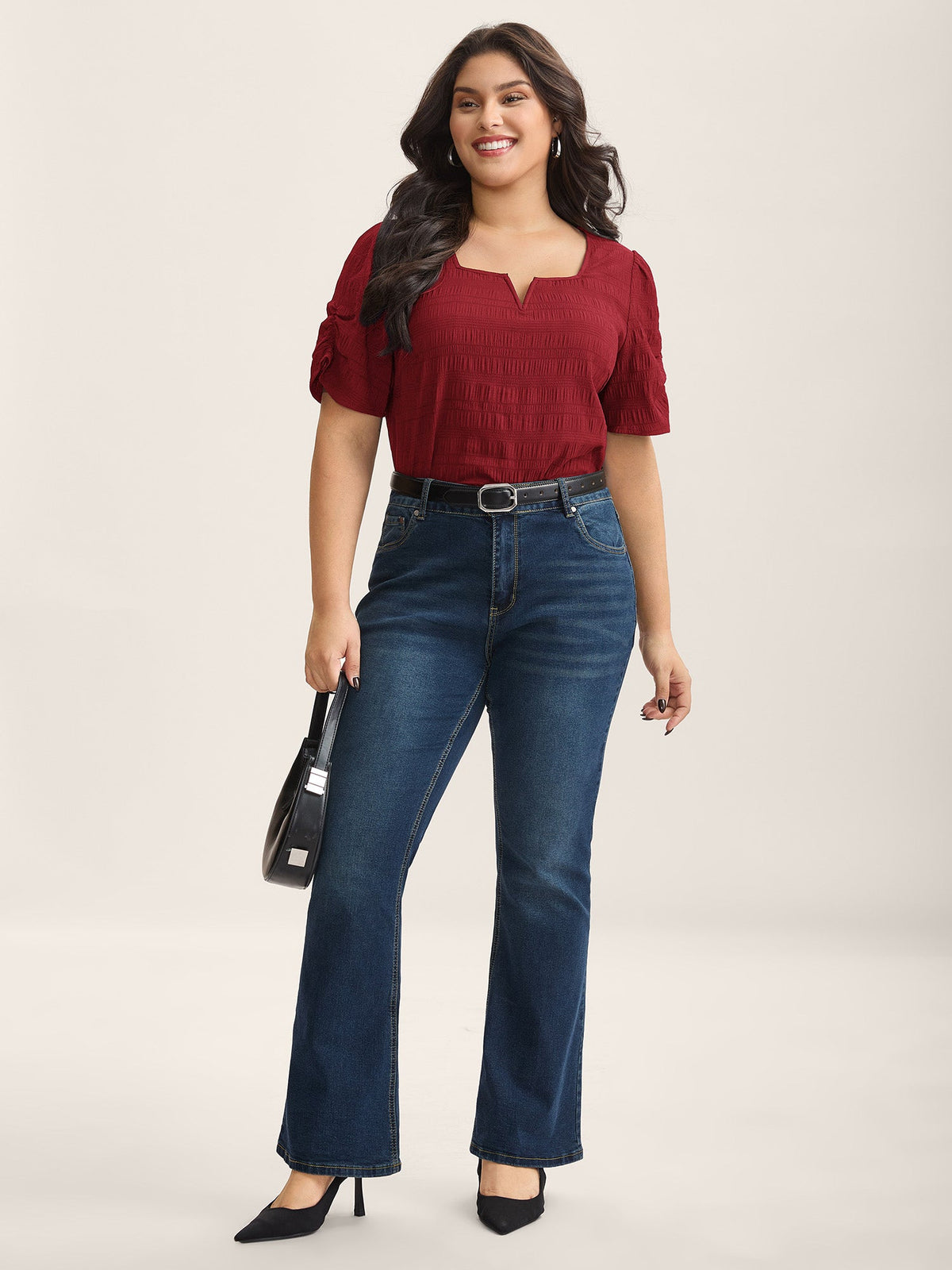 Textured Gathered Sleeve Split Neck Blouse