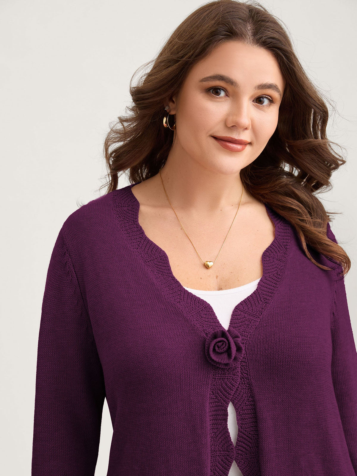 Supersoft Textured Floral Button Ruffled Hem Knit Cardigan