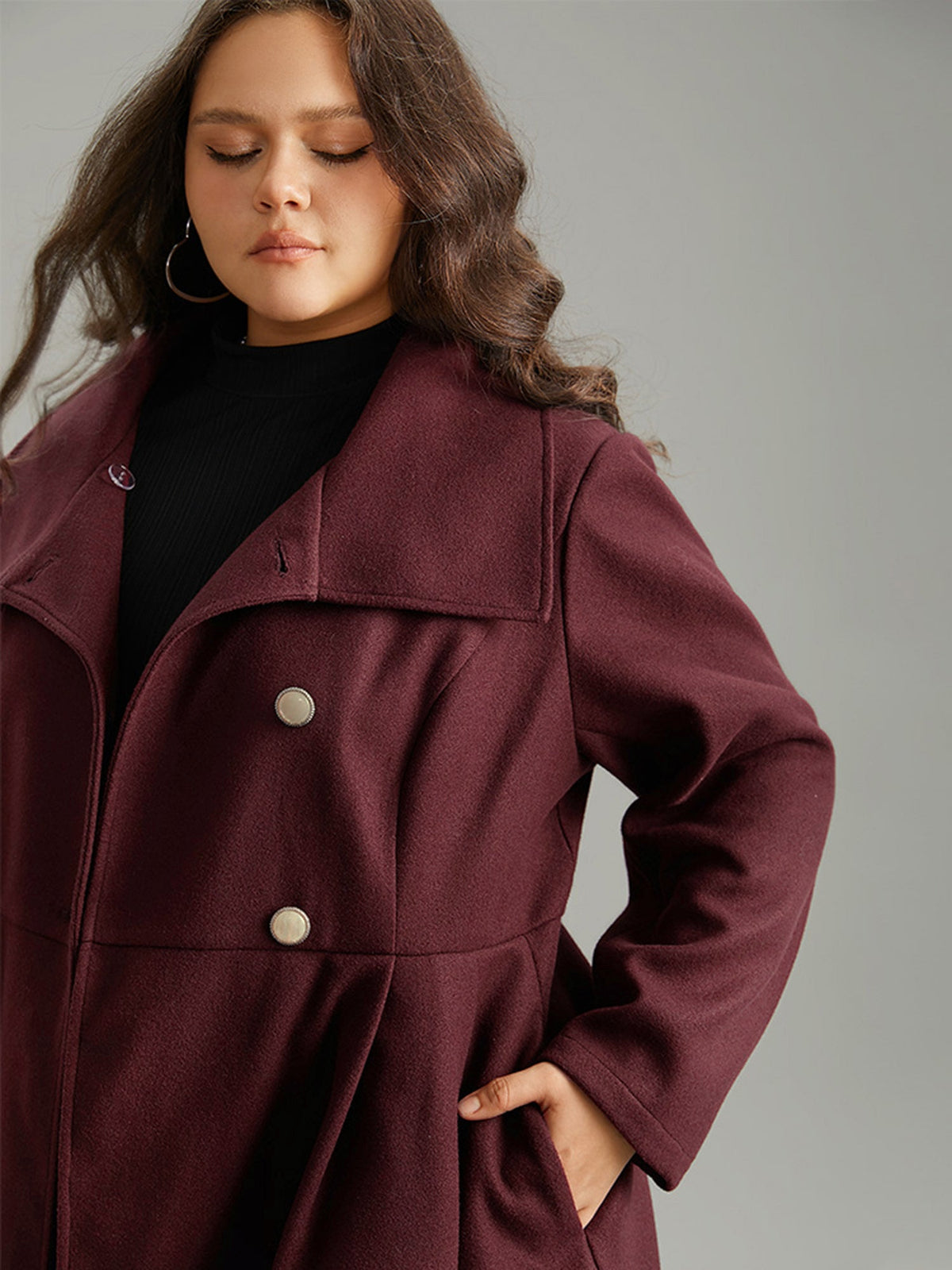 Plain Button Up Pocket Asymmetrical Lapel Collar Coat