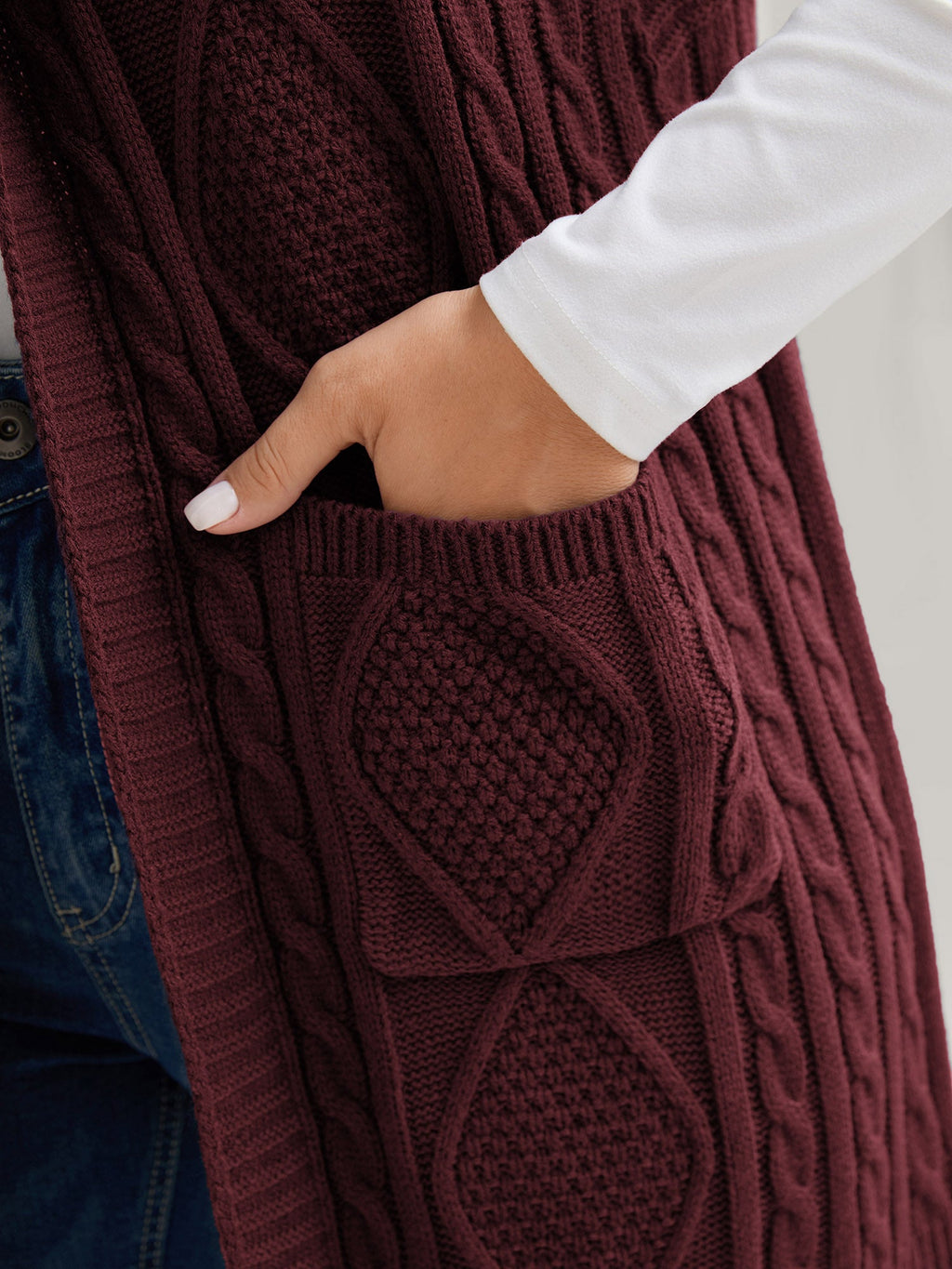 Hooded Sleeveless Cable Knit Cardigan