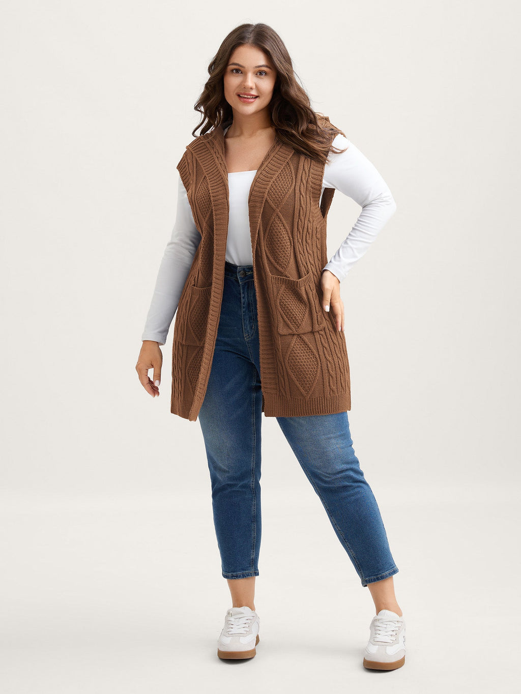 Hooded Sleeveless Cable Knit Cardigan