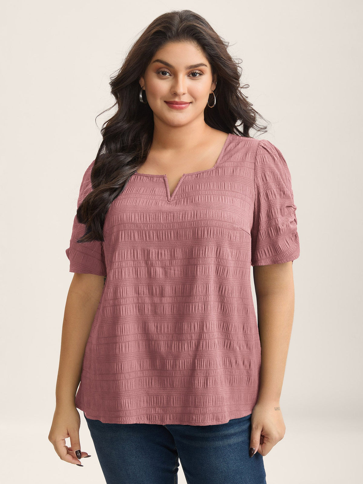 Textured Gathered Sleeve Split Neck Blouse