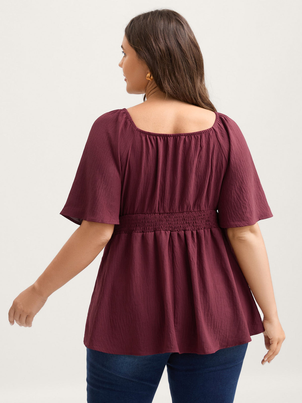 Stretchy Neckline Waist-Cinched Solid Blouse