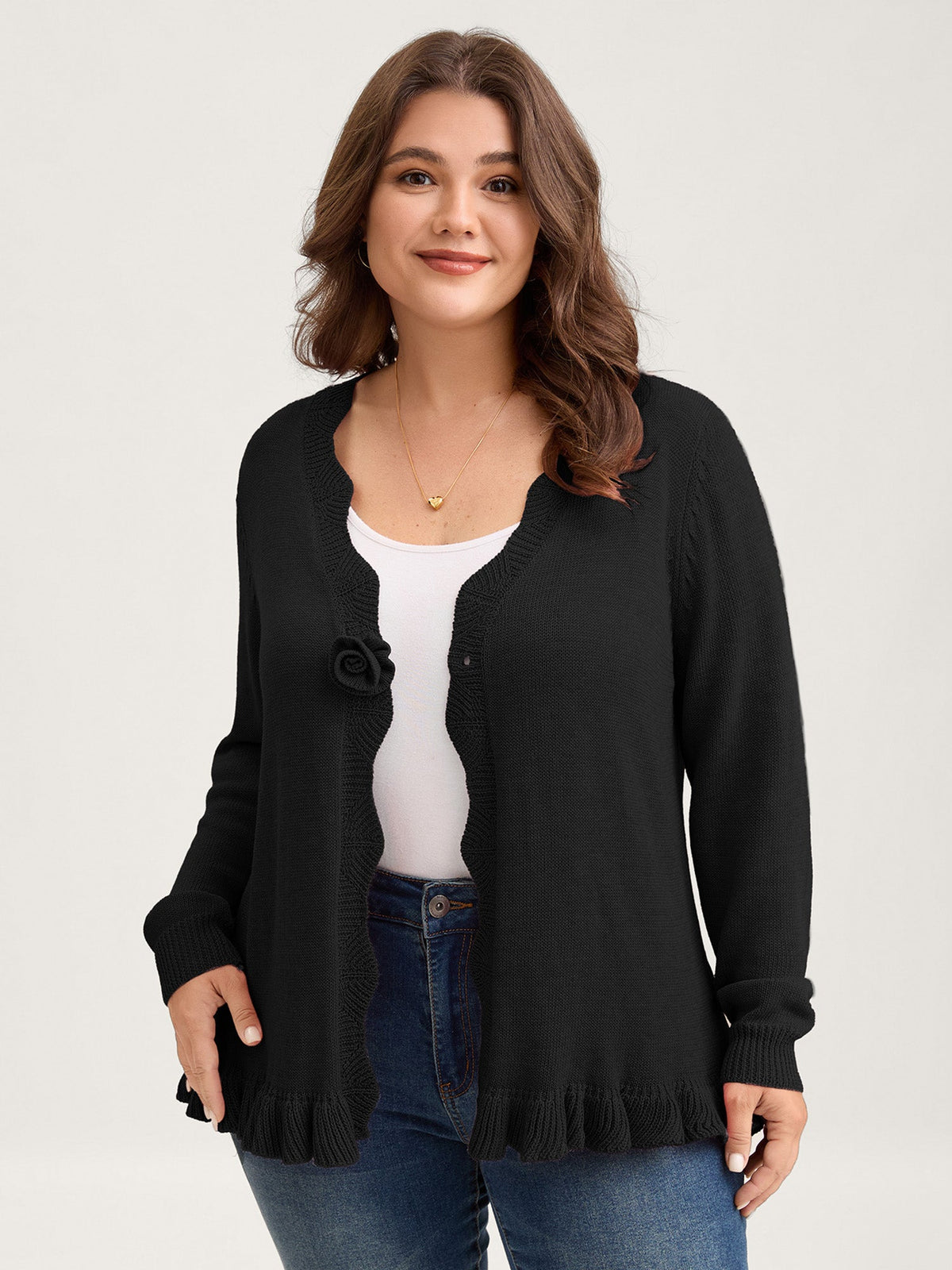 Supersoft Textured Floral Button Ruffled Hem Knit Cardigan