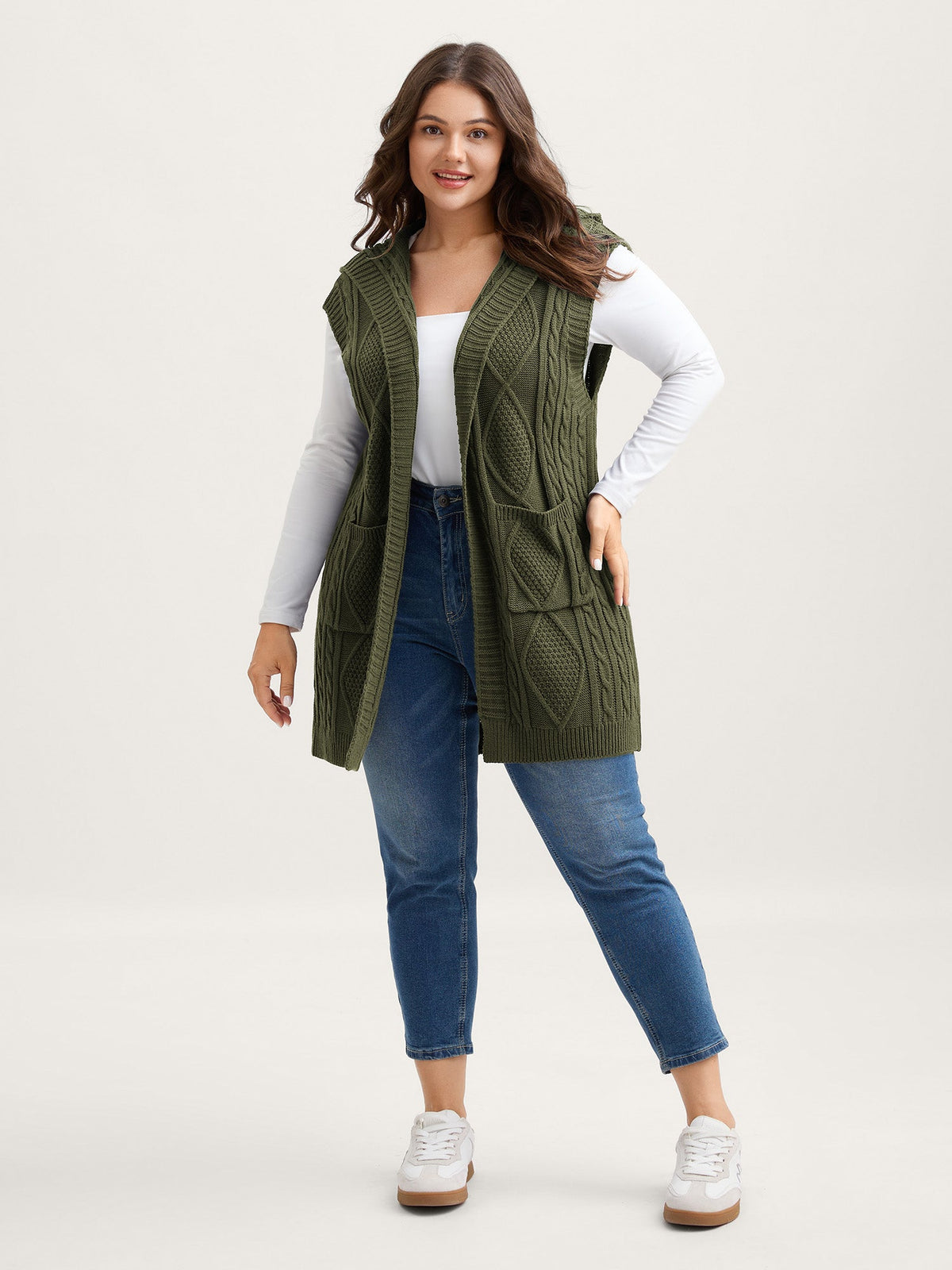 Hooded Sleeveless Cable Knit Cardigan