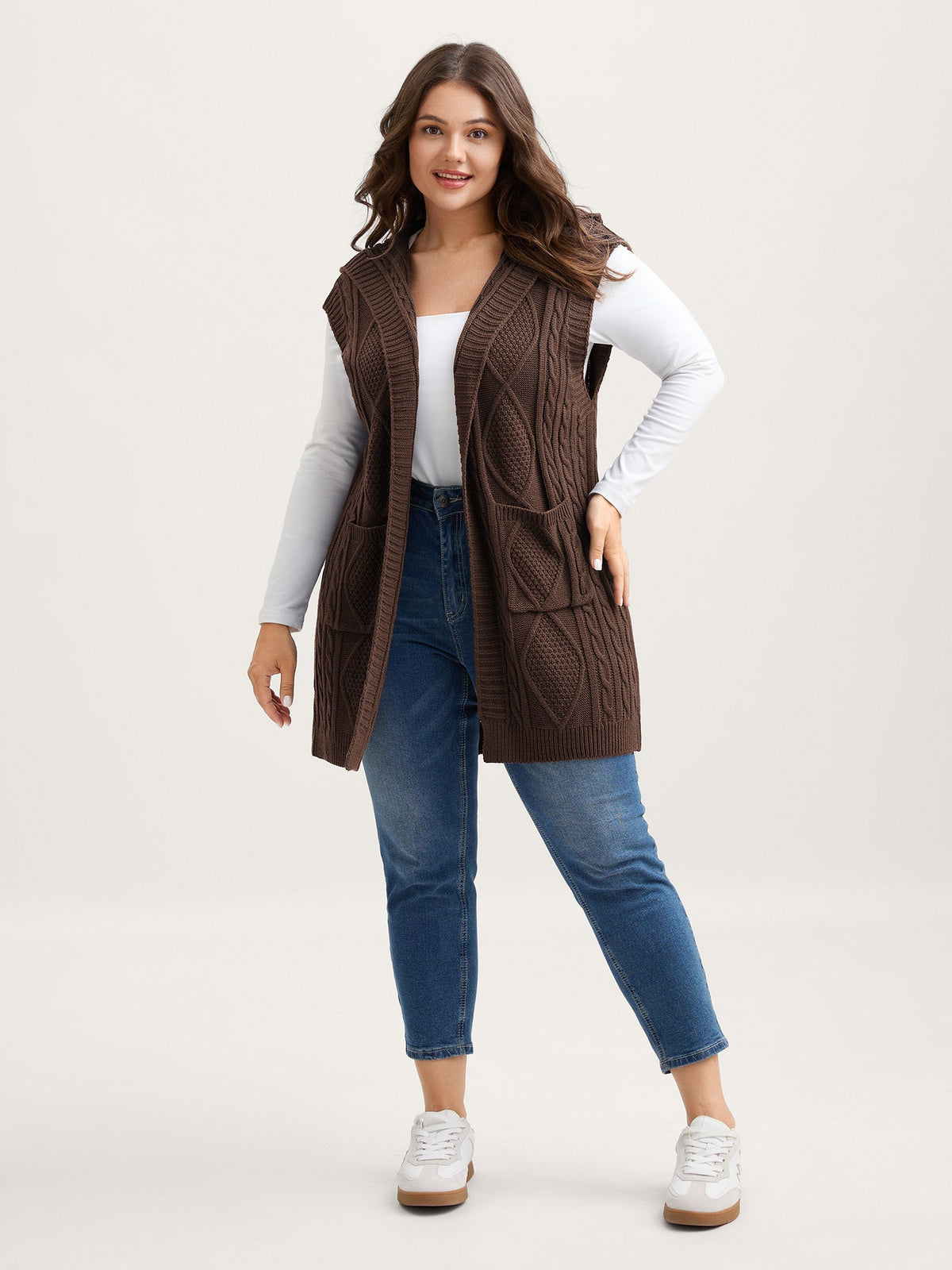 Hooded Sleeveless Cable Knit Cardigan