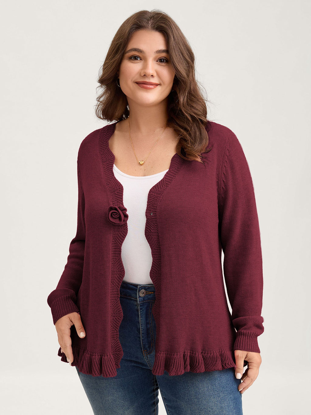 Supersoft Textured Floral Button Ruffled Hem Knit Cardigan
