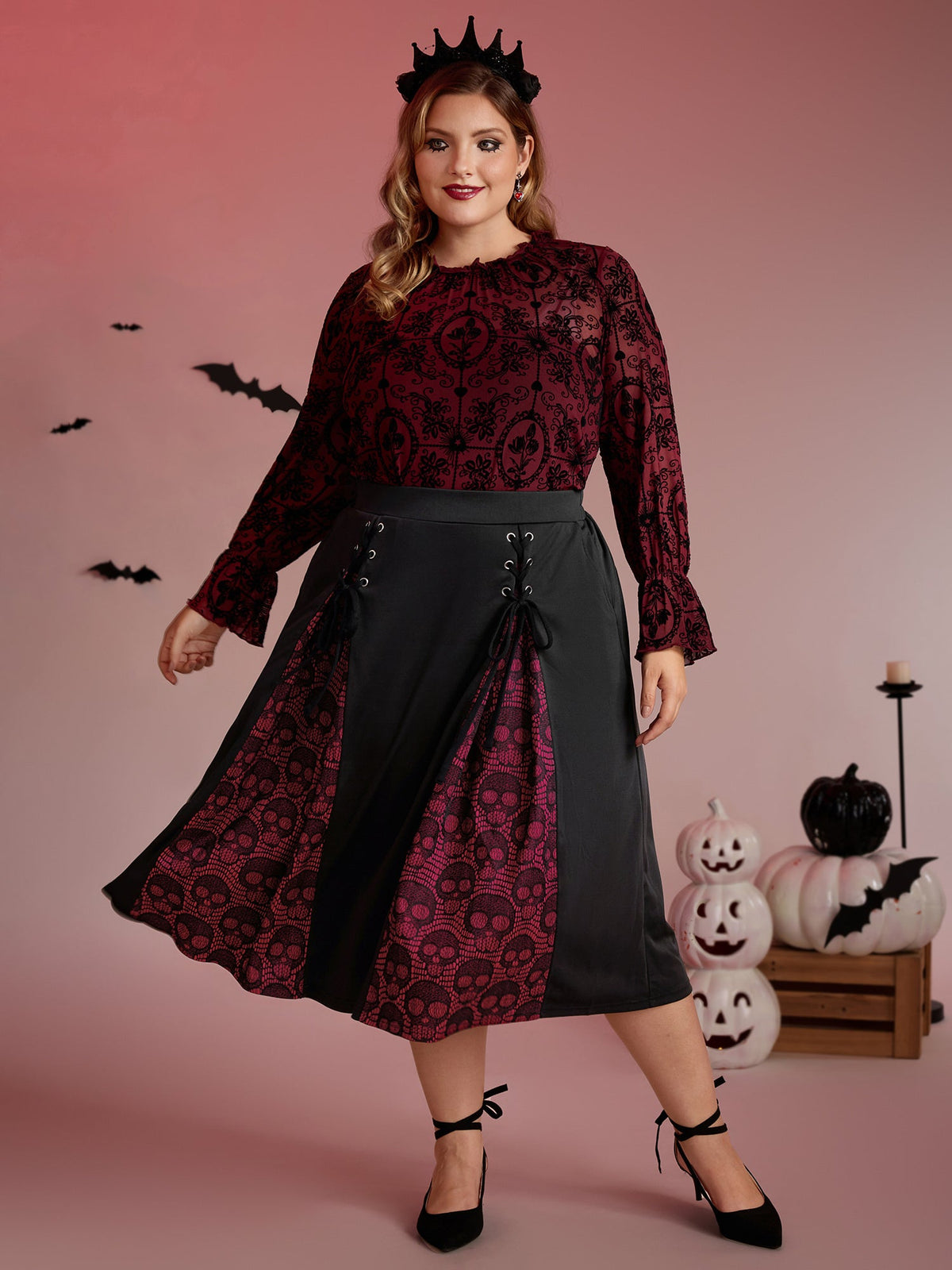 Skull Mesh Panel Cross-Tie Maxi Skirt