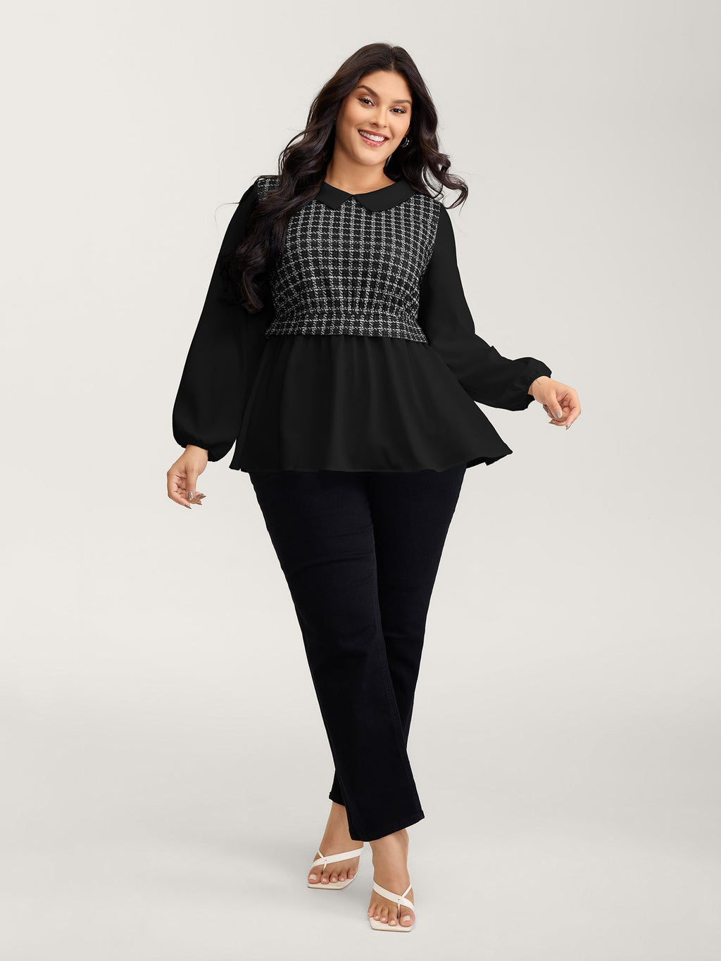 Houndstooth Pattern Color Contrast Blouse