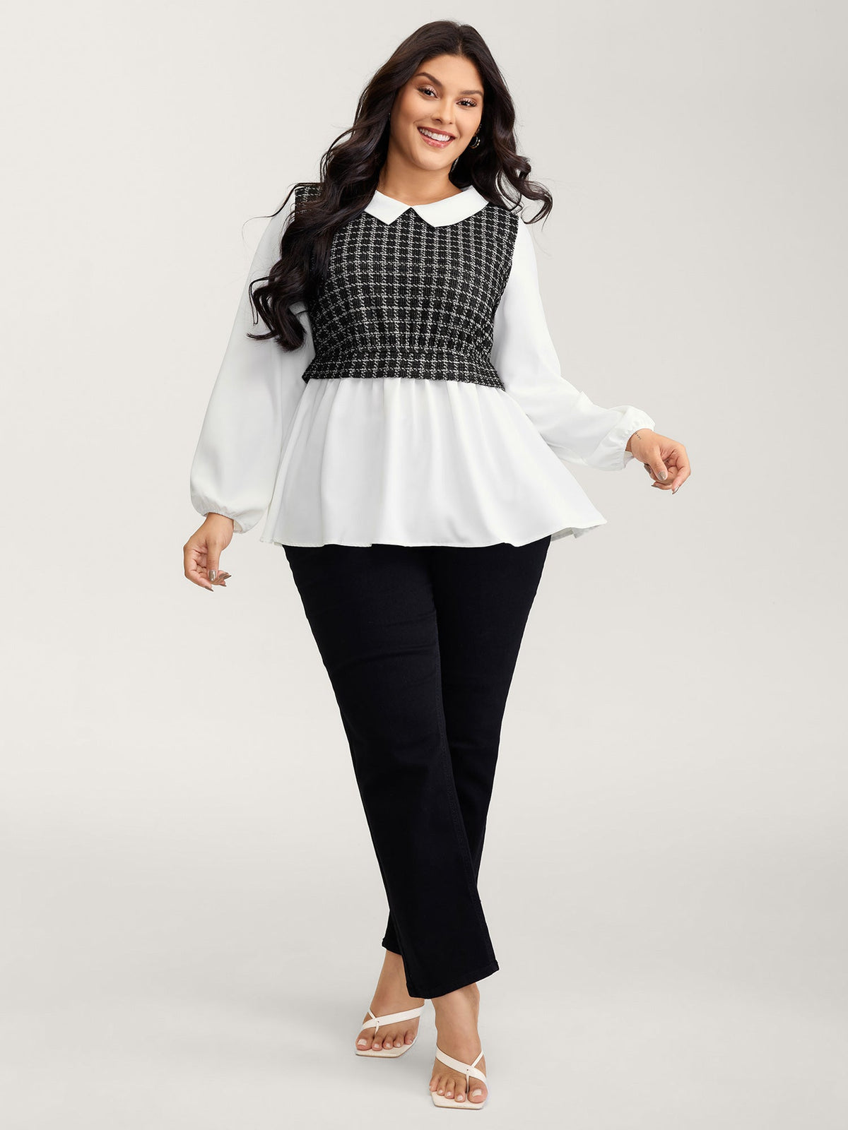 Houndstooth Pattern Color Contrast Blouse