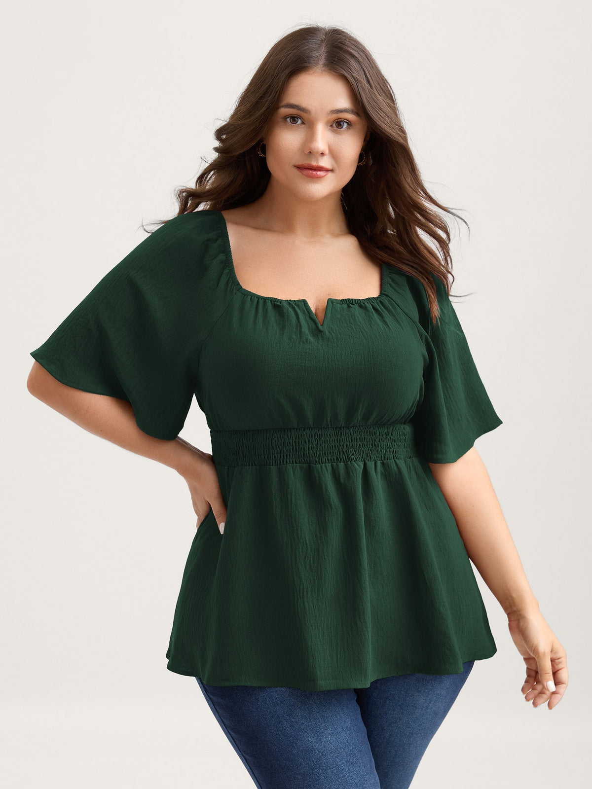 Stretchy Neckline Waist-Cinched Solid Blouse