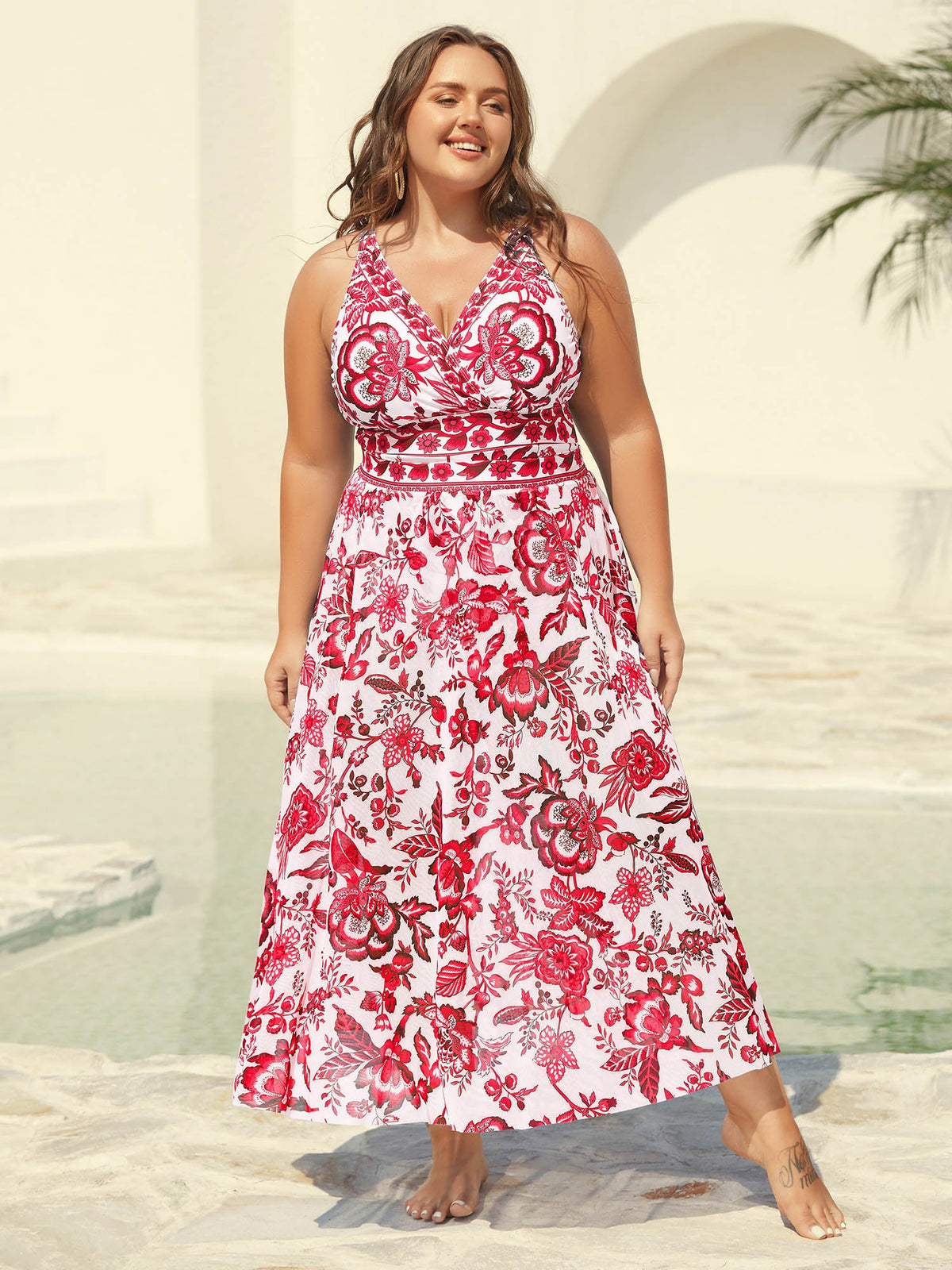Two-Piece Floral Print Ruched Mesh Swimsuit, Sarong