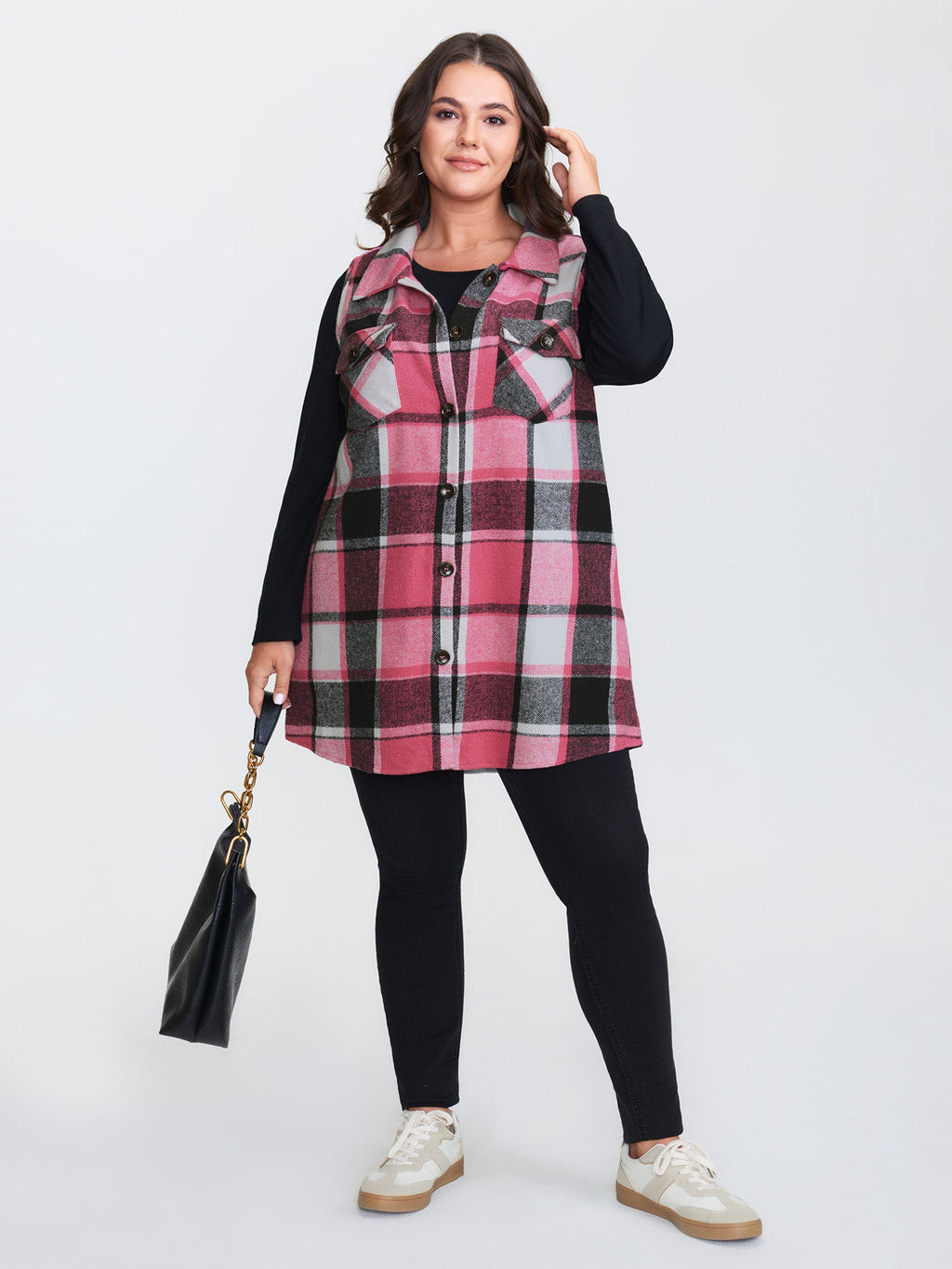 Plaid Button‑Front Sleeveless Jacket