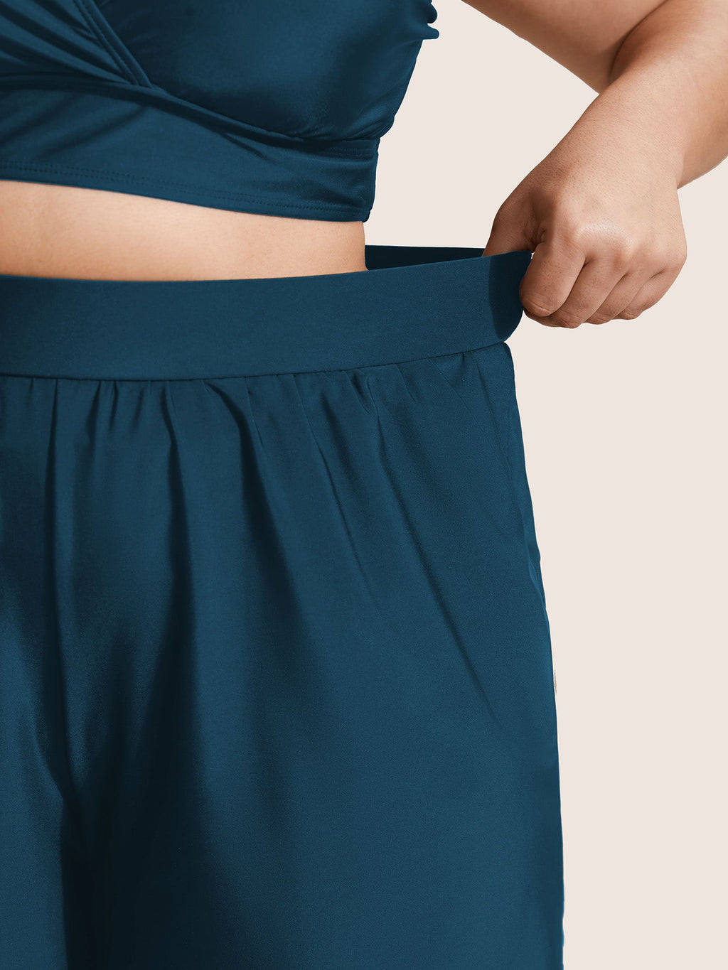 High Waisted Pockets Solid Pleated Swim Shorts
