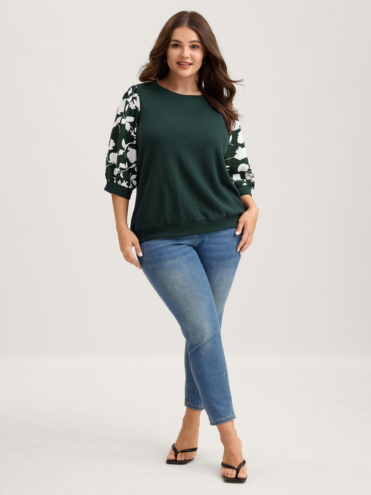 Textured Floral Puffy Sleeve Sweatshirt