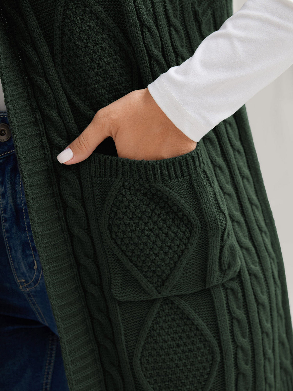 Hooded Sleeveless Cable Knit Cardigan