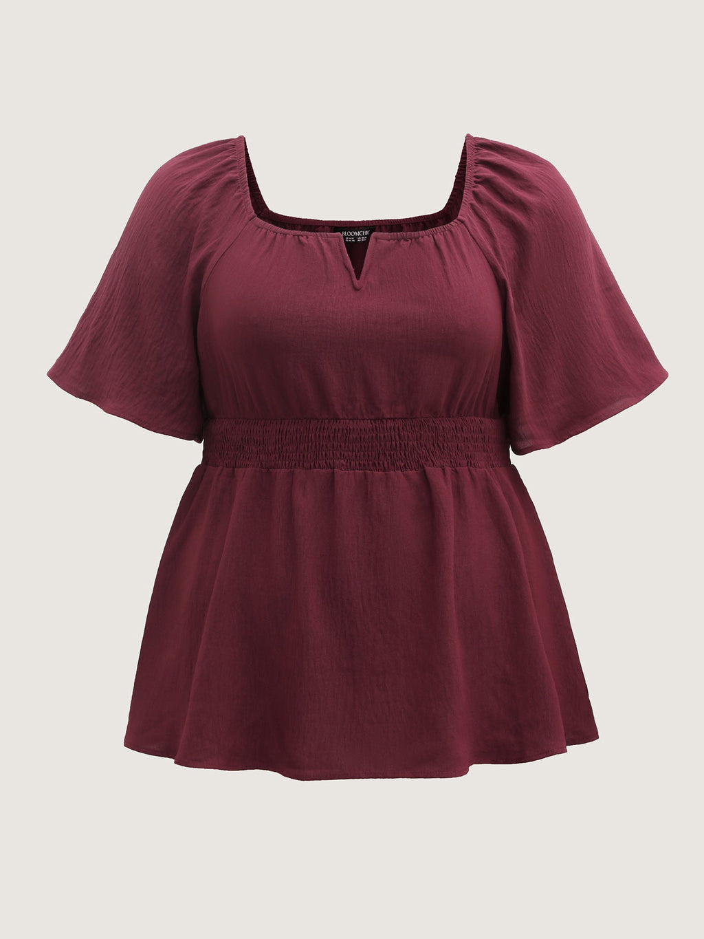 Stretchy Neckline Waist-Cinched Solid Blouse