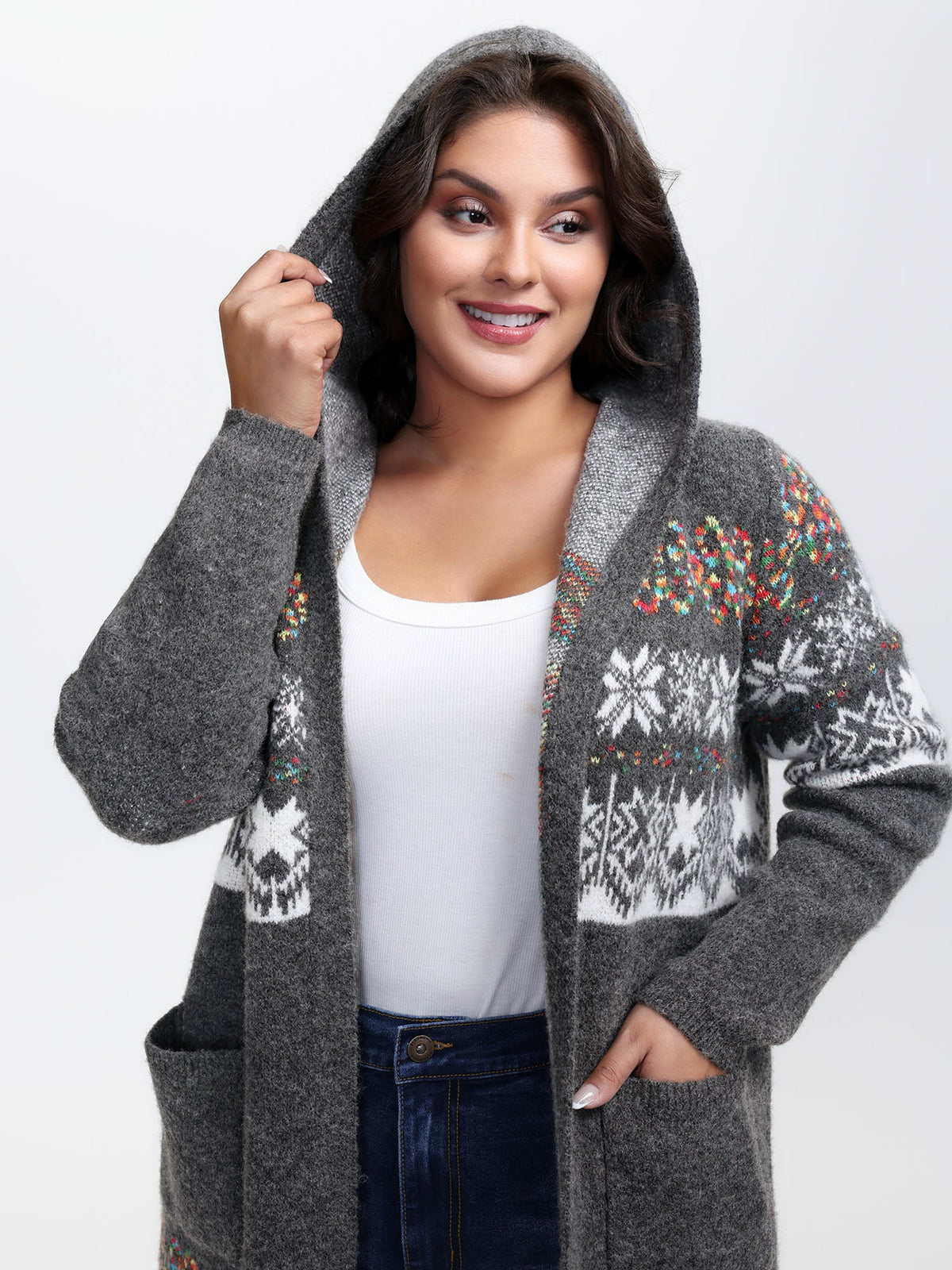 Boho Print Jacquard Hooded Knit Cardigan