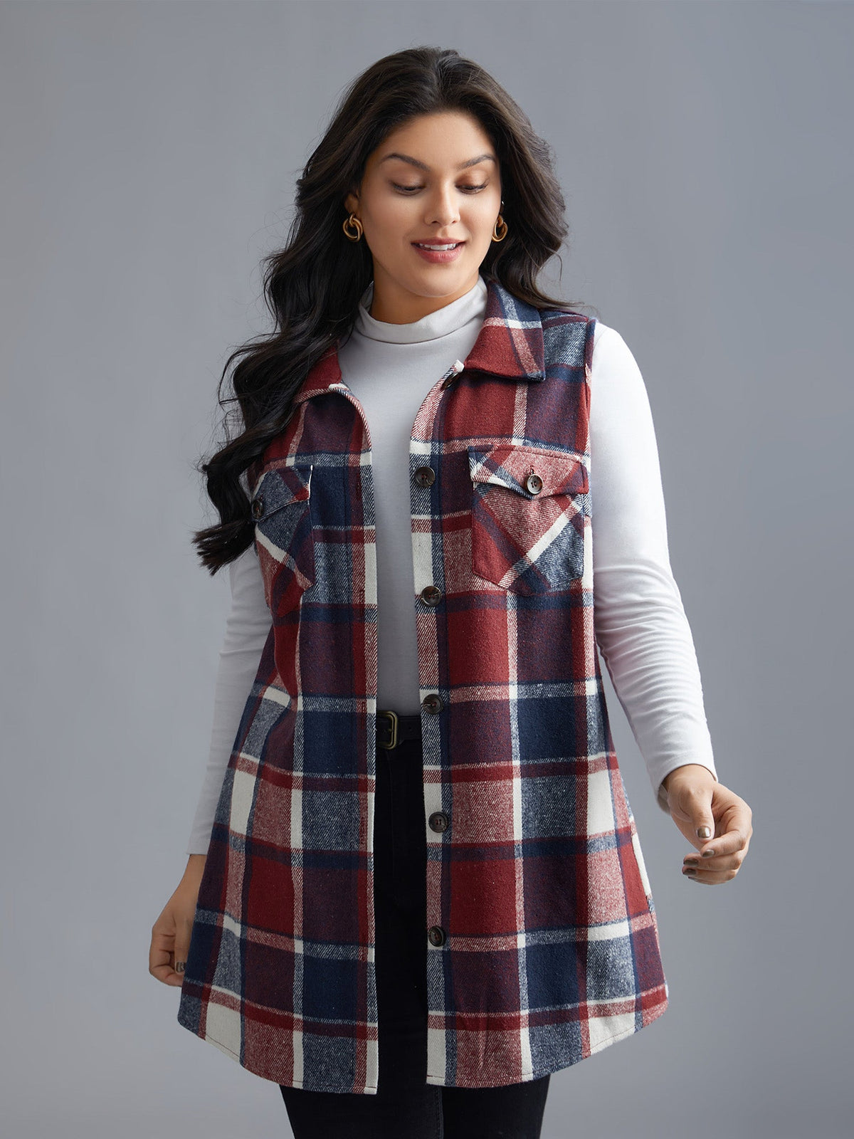 Plaid Button‑Front Sleeveless Jacket