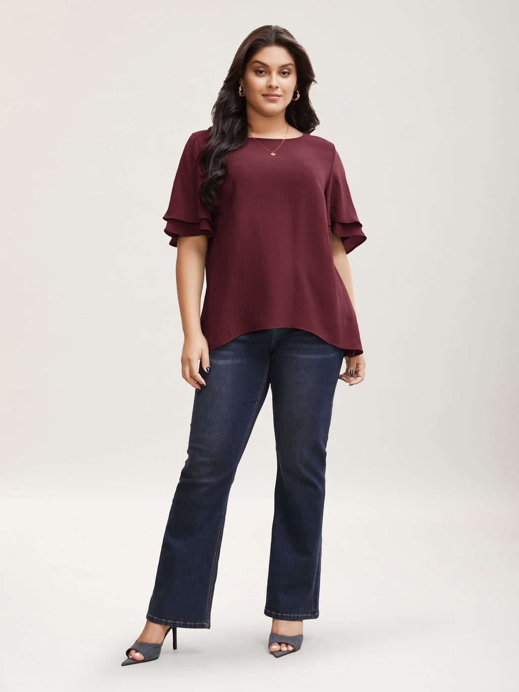 Solid Tiered Ruffles Split Hem Blouse