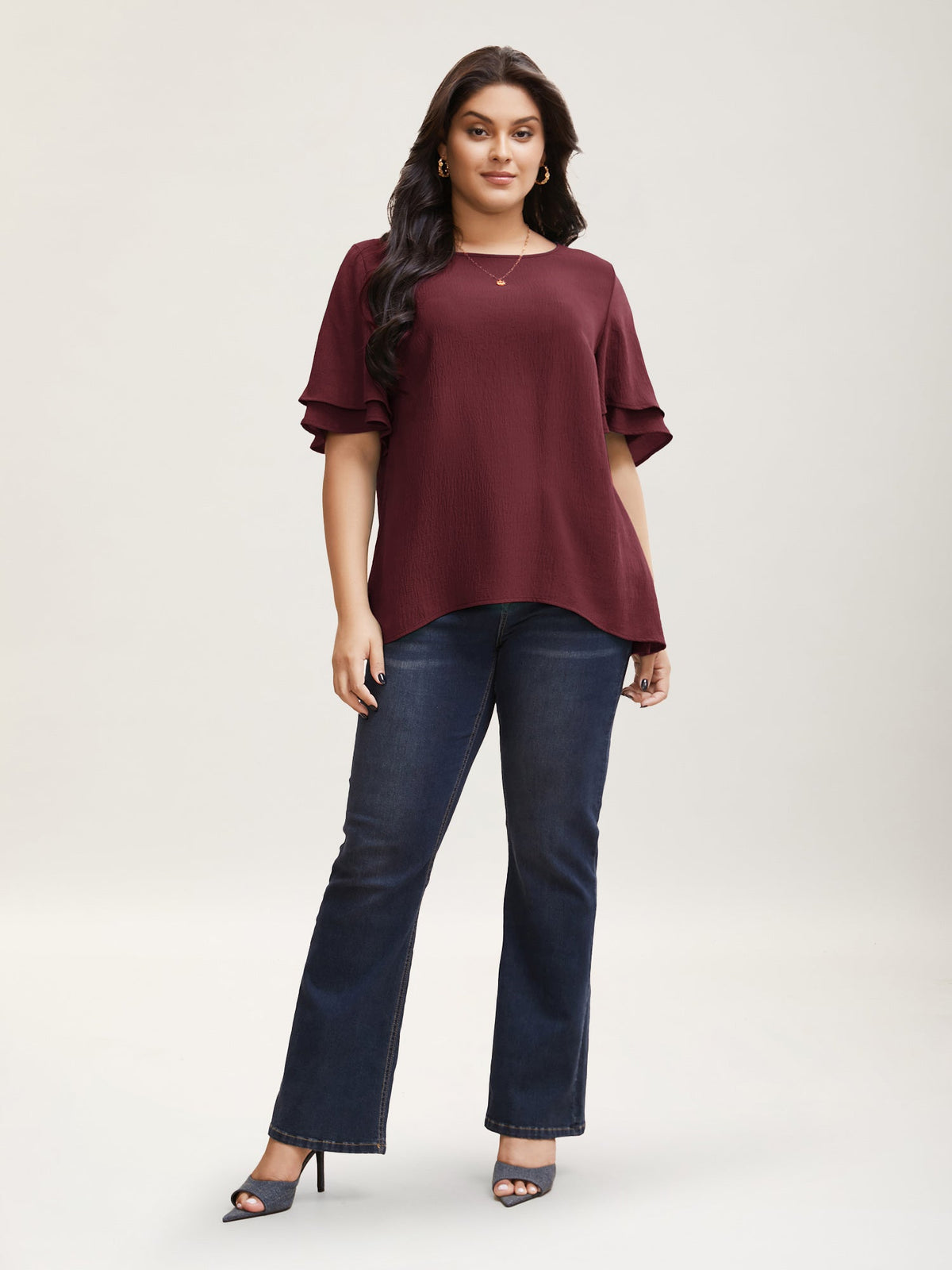 Solid Tiered Ruffles Split Hem Blouse