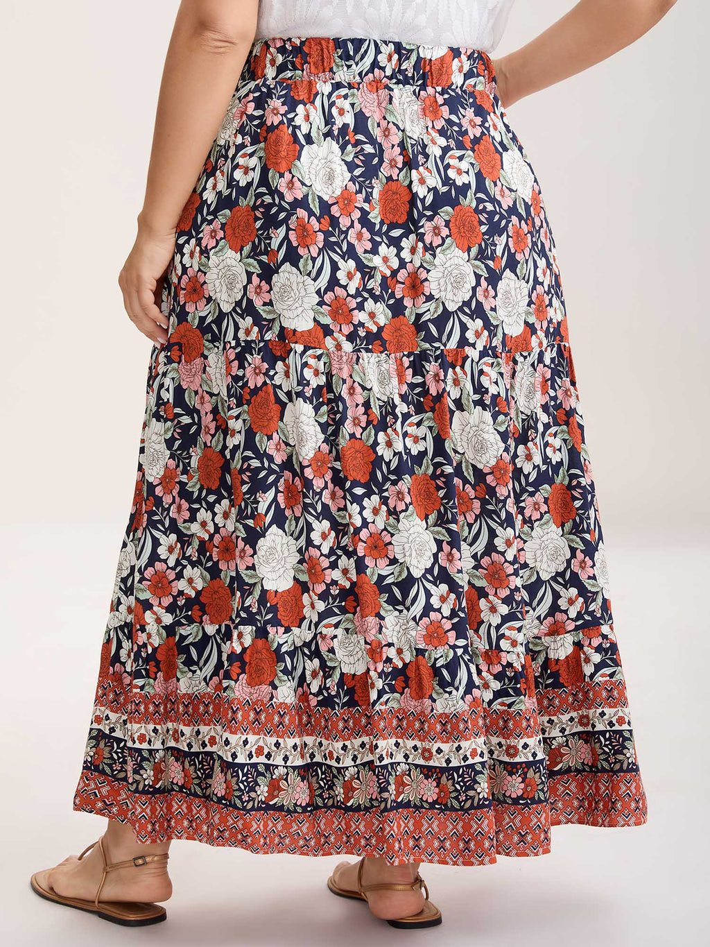 Rayon Breezy Floral Print Tiered Back Maxi Skirt