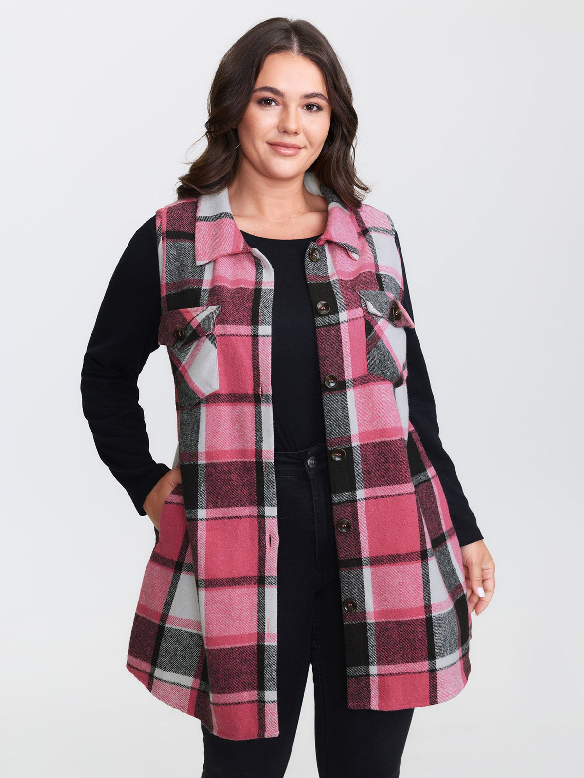 Plaid Button‑Front Sleeveless Jacket