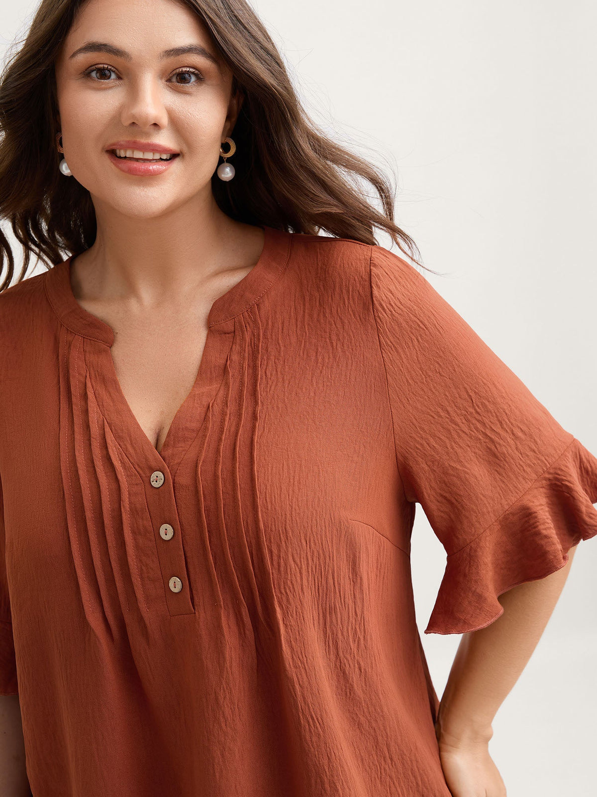 Toothpick Pleats Ruffled Sleeve Solid Blouse