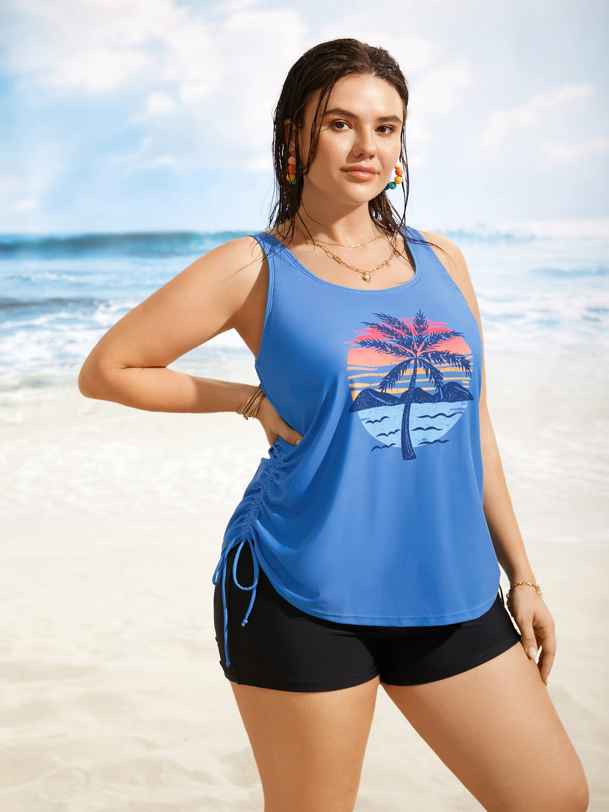 Island Print Drawstring Adjustable Swim Top