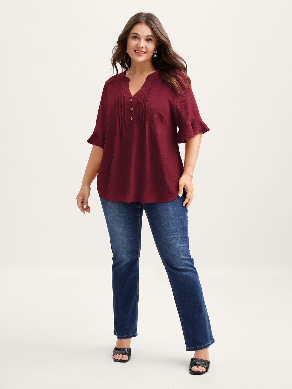 Toothpick Pleats Ruffled Sleeve Solid Blouse