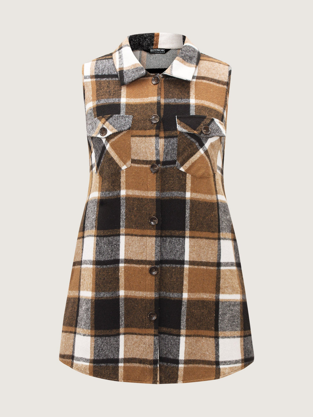 Plaid Button‑Front Sleeveless Jacket