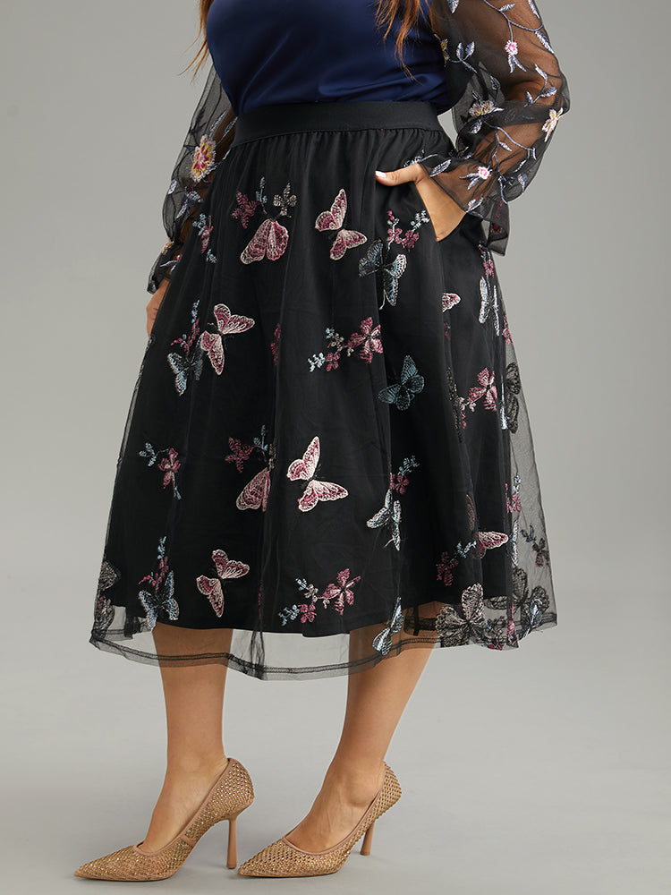 Butterfly Embroidered Mesh Elastic Waist Skirt