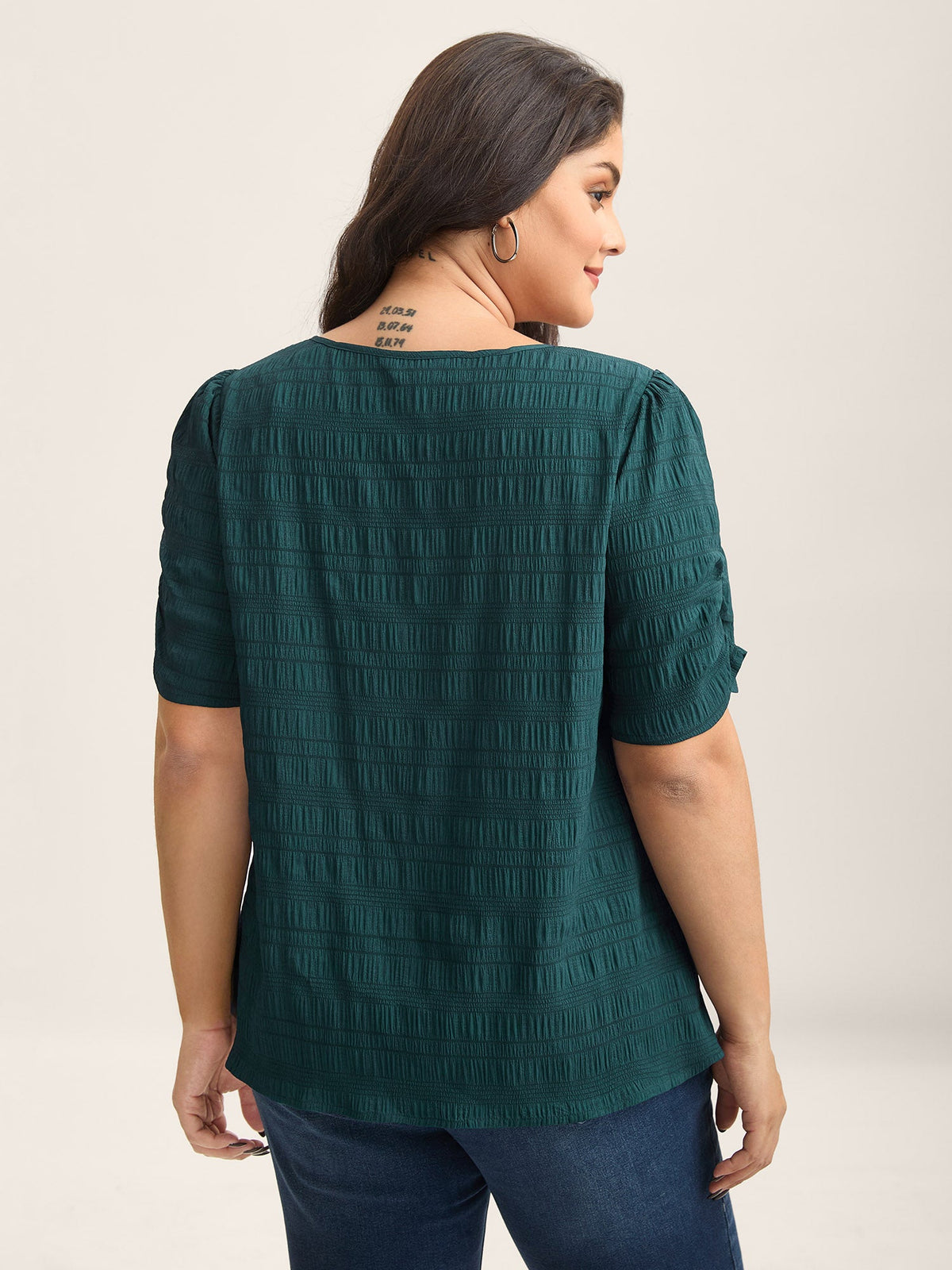 Textured Gathered Sleeve Split Neck Blouse