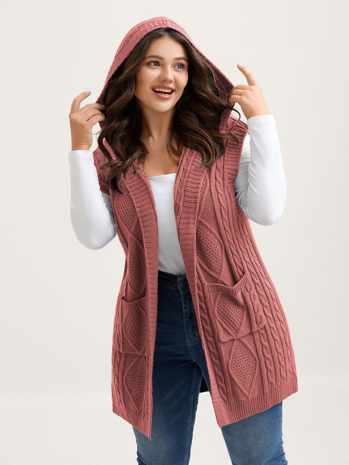 Hooded Sleeveless Cable Knit Cardigan