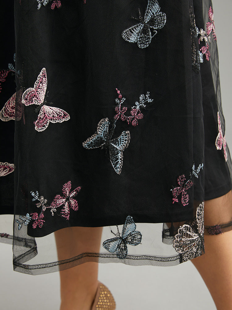 Butterfly Embroidered Mesh Elastic Waist Skirt